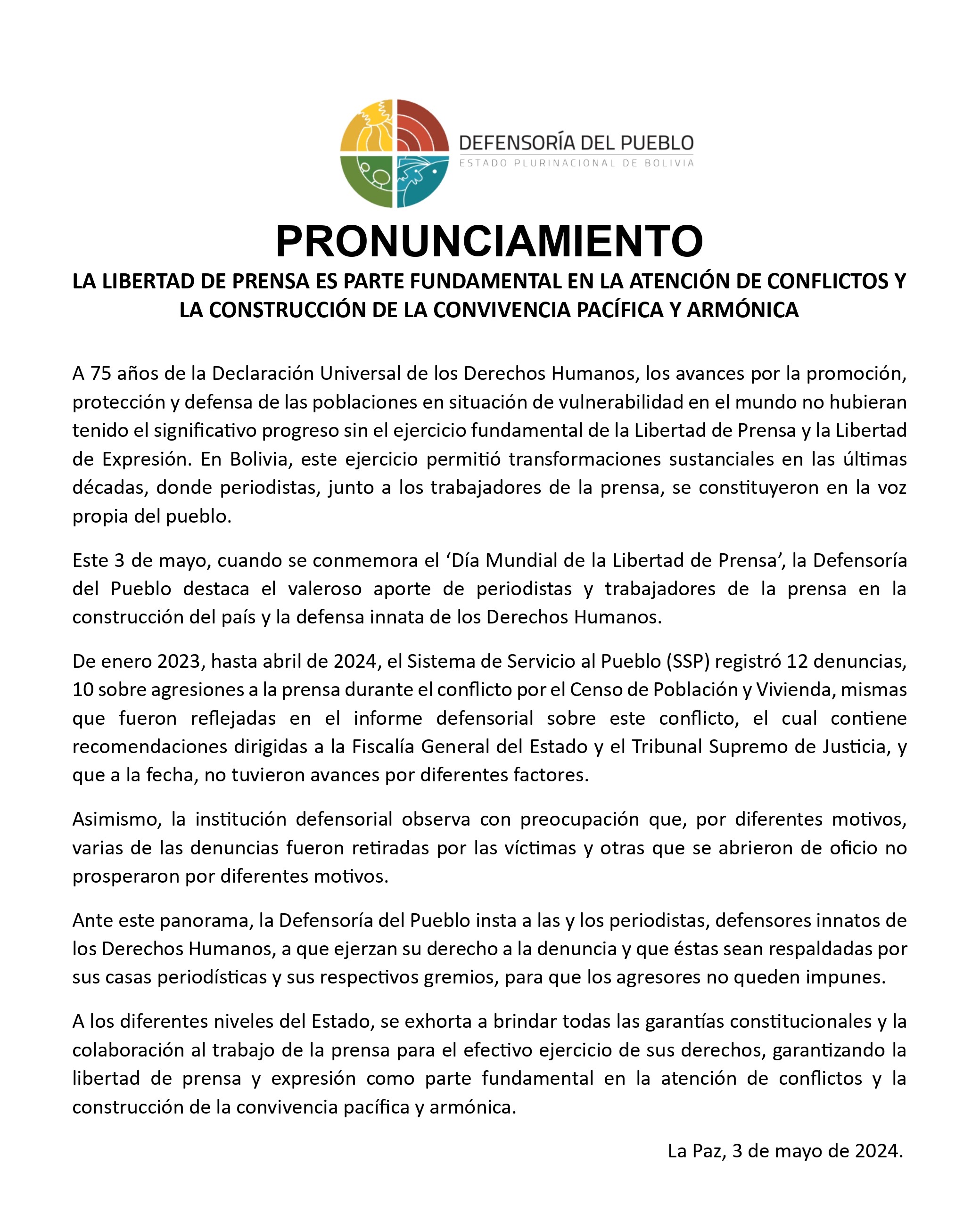 LA LIBERTAD DE PRENSA ES PARTE FUNDAMENTAL EN LA ATENCIÓN DE CONFLICTOS Y LA CONSTRUCCIÓN DE LA CONVIVENCIA PACÍFICA Y ARMÓNICA