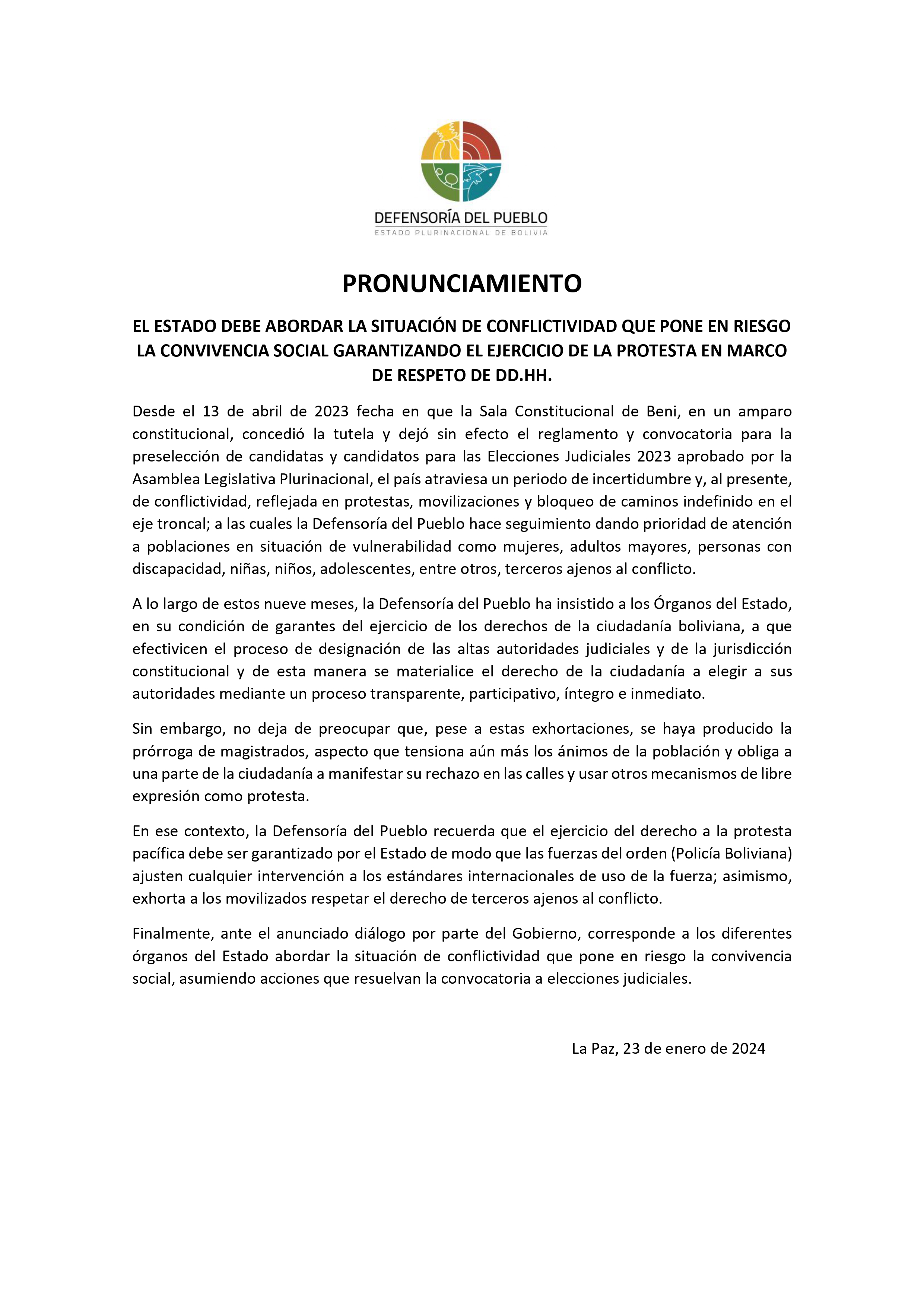 EL ESTADO DEBE ABORDAR LA SITUACIÓN DE CONFLICTIVIDAD QUE PONE EN RIESGO LA CONVIVENCIA SOCIAL GARANTIZANDO EL EJERCICIO DE LA PROTESTA EN MARCO DE RESPETO DE DD.HH.