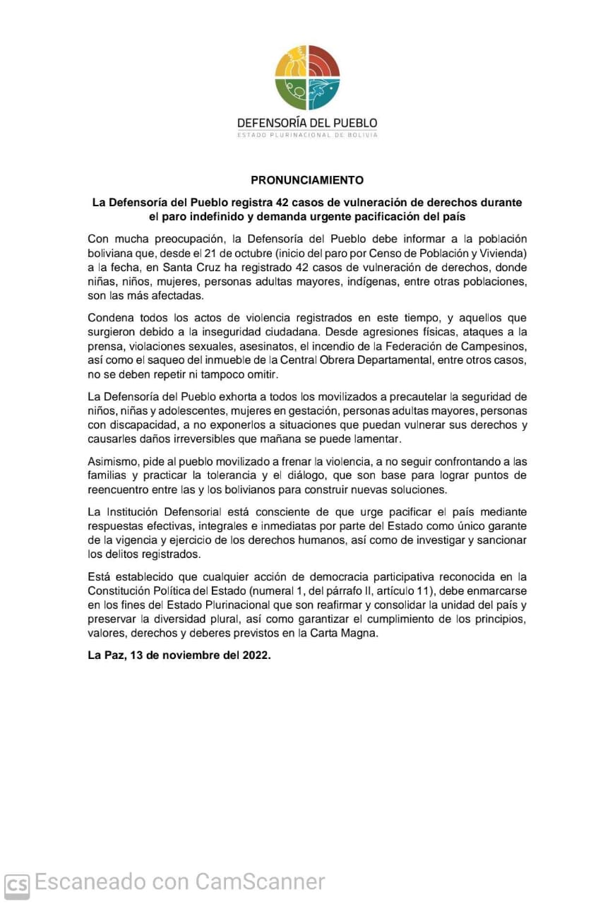 La Defensoría del Pueblo registra 42 casos de vulneración de derechos durante el paro indefinido y demanda urgente pacificación del país