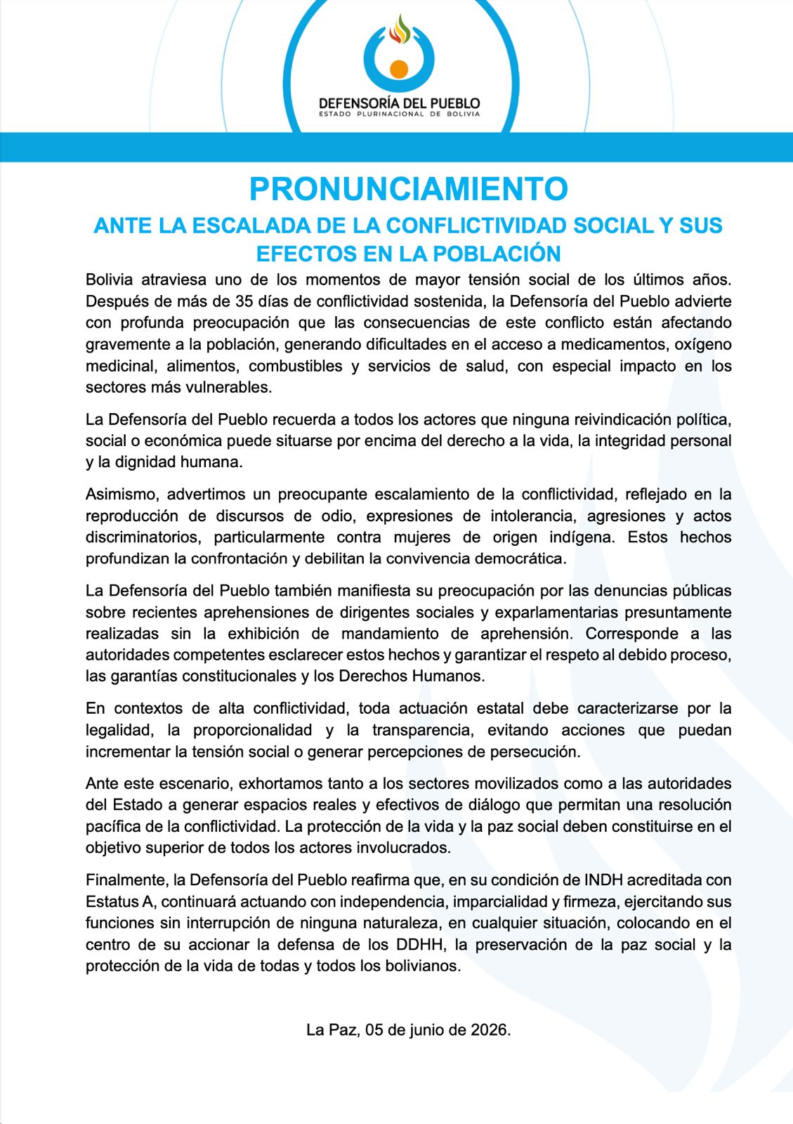 PRONUNCIAMIENTO ANTE LA ESCALADA DE LA CONFLICTIVIDAD SOCIAL Y SUS EFECTOS EN LA POBLACIÓN