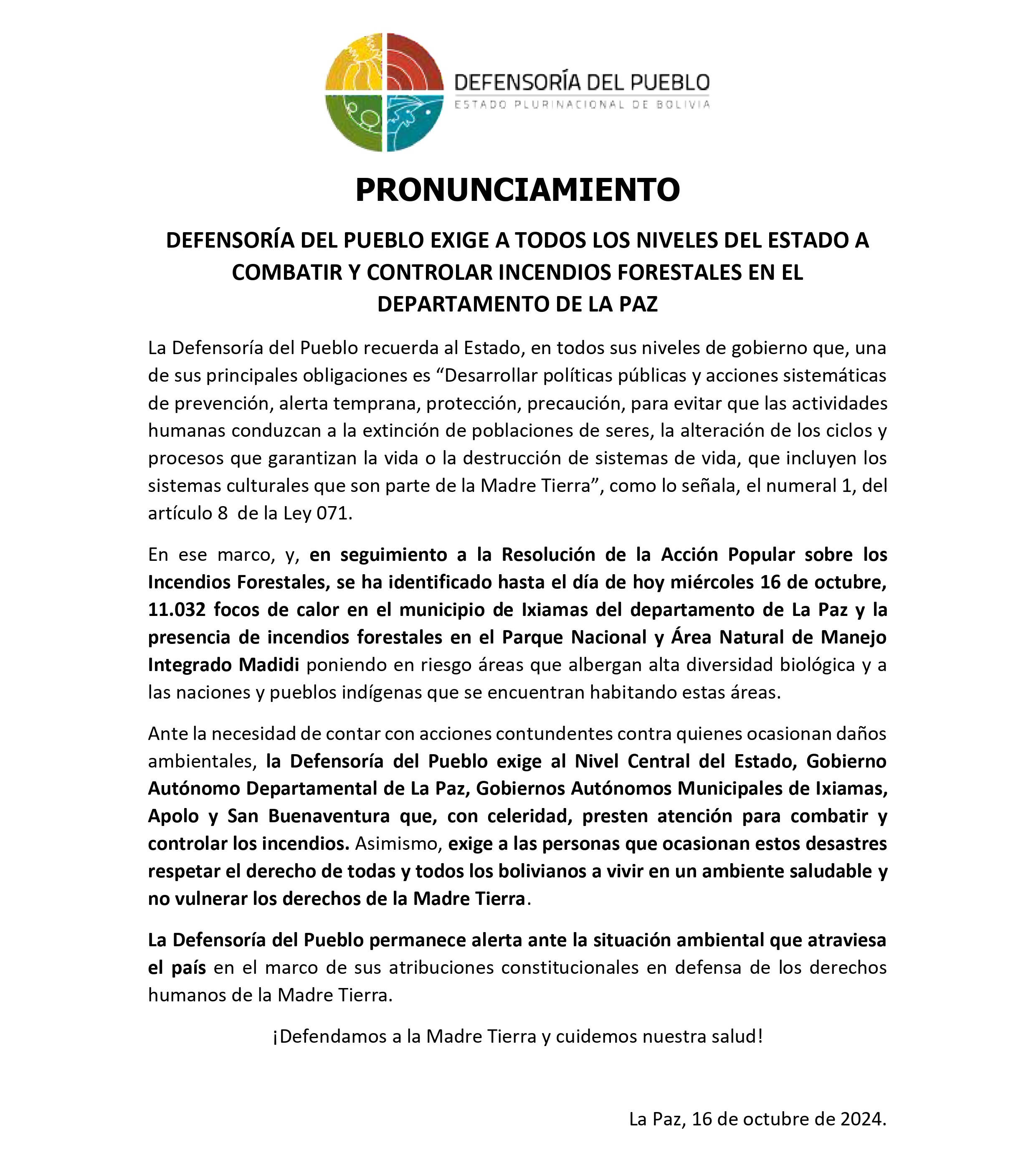 DEFENSORÍA DEL PUEBLO EXIGE A TODOS LOS NIVELES DEL ESTADO A COMBATIR Y CONTROLAR INCENDIOS FORESTALES EN EL DEPARTAMENTO DE LA PAZ