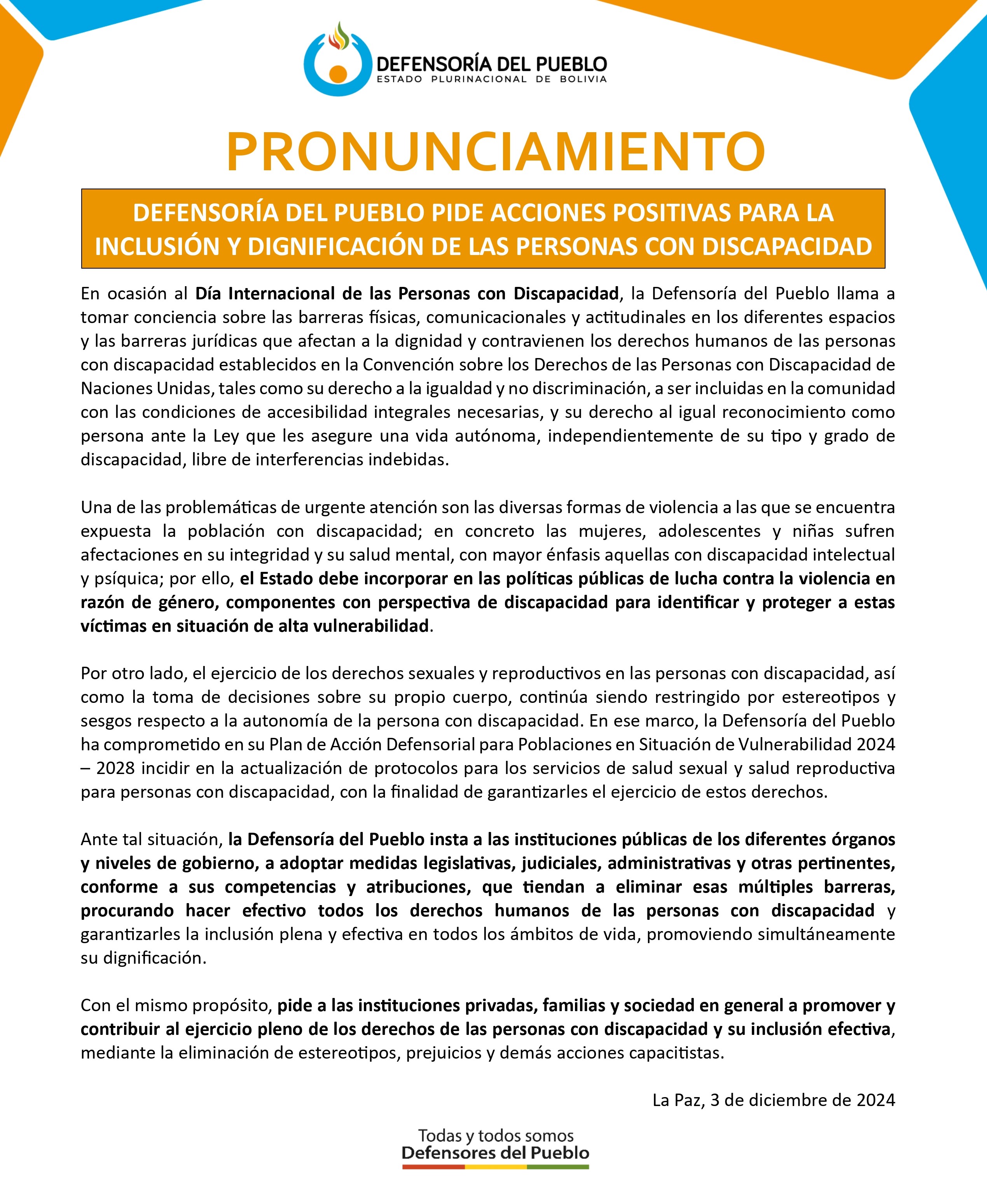 DEFENSORÍA DEL PUEBLO PIDE ACCIONES POSITIVAS PARA LA INCLUSIÓN Y DIGNIFICACIÓN DE LAS PERSONAS CON DISCAPACIDAD