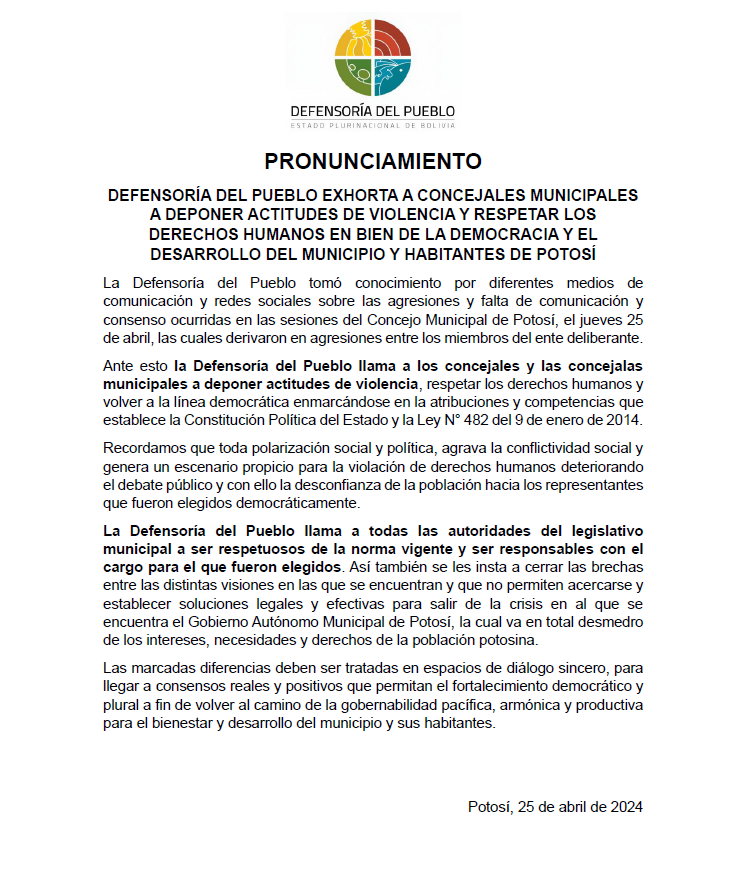 DEFENSORÍA DEL PUEBLO EXHORTA A CONCEJALES MUNICIPALES A DEPONER ACTITUDES DE VIOLENCIA Y RESPETAR LOS DERECHOS HUMANOS EN BIEN DE LA DEMOCRACIA Y EL DESARROLLO DEL MUNICIPIO Y HABITANTES DE POTOSÍ