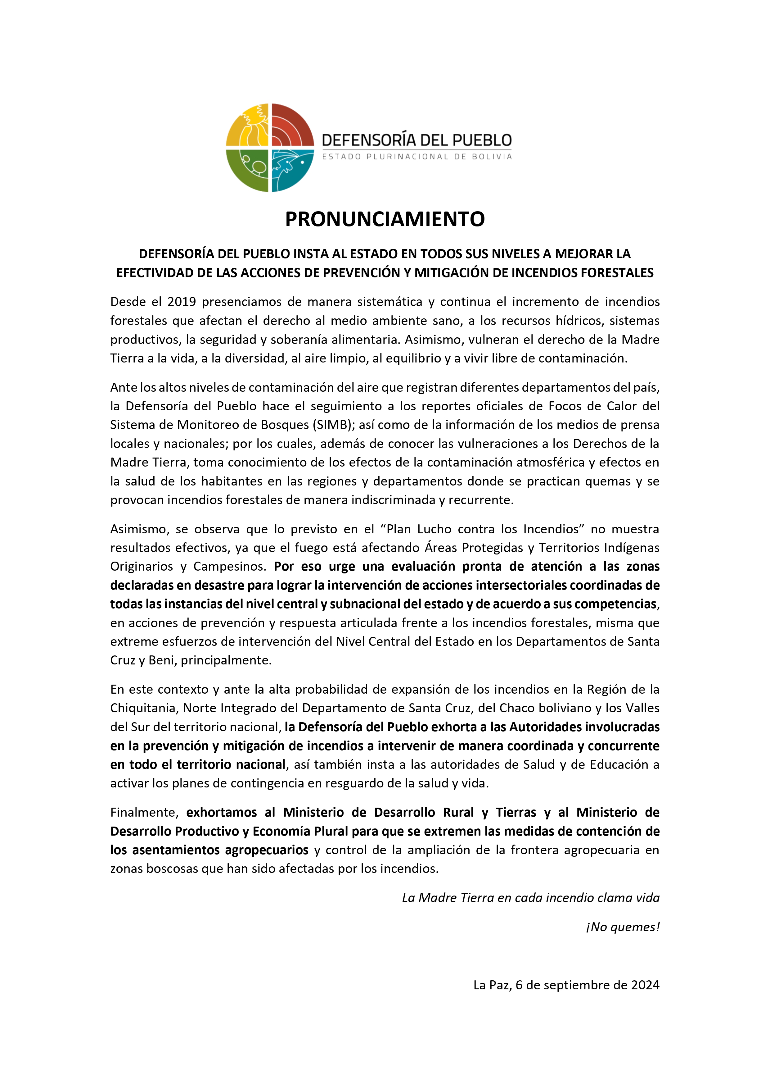 DEFENSORÍA DEL PUEBLO INSTA AL ESTADO EN TODOS SUS NIVELES A MEJORAR LA EFECTIVIDAD DE LAS ACCIONES DE PREVENCIÓN Y MITIGACIÓN DE INCENDIOS FORESTALES