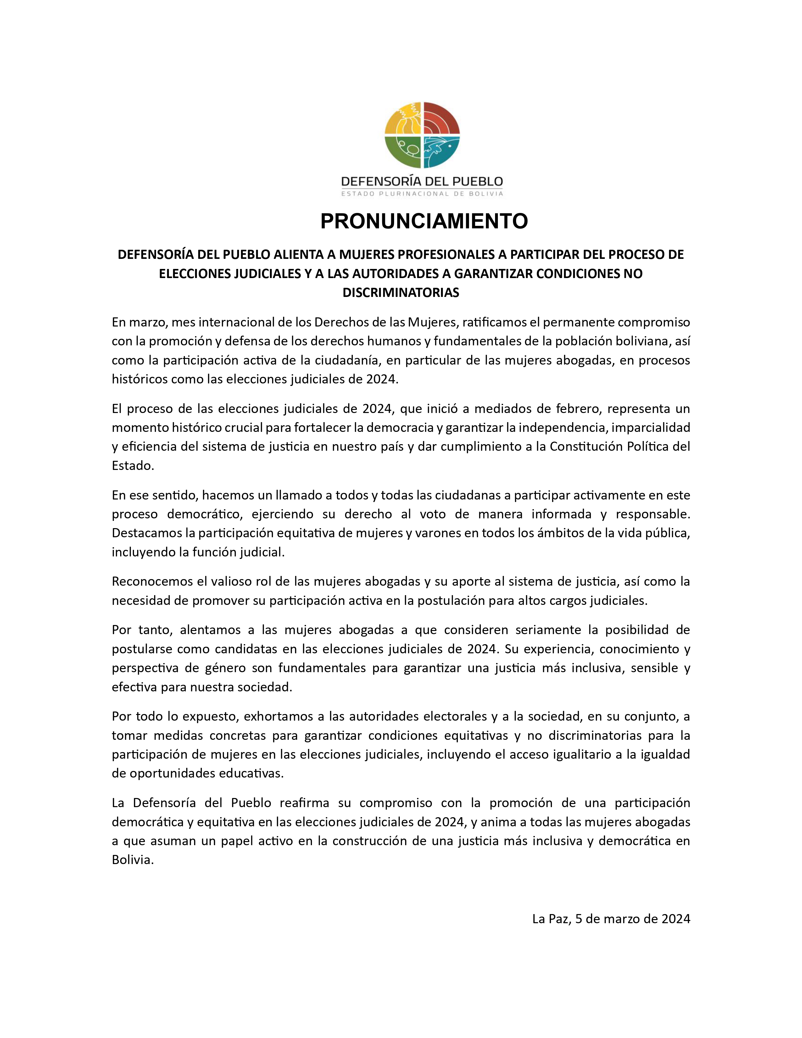 DEFENSORÍA DEL PUEBLO ALIENTA A MUJERES PROFESIONALES A PARTICIPAR DEL PROCESO DE ELECCIONES JUDICIALES Y A LAS AUTORIDADES A GARANTIZAR CONDICIONES NO DISCRIMINATORIAS