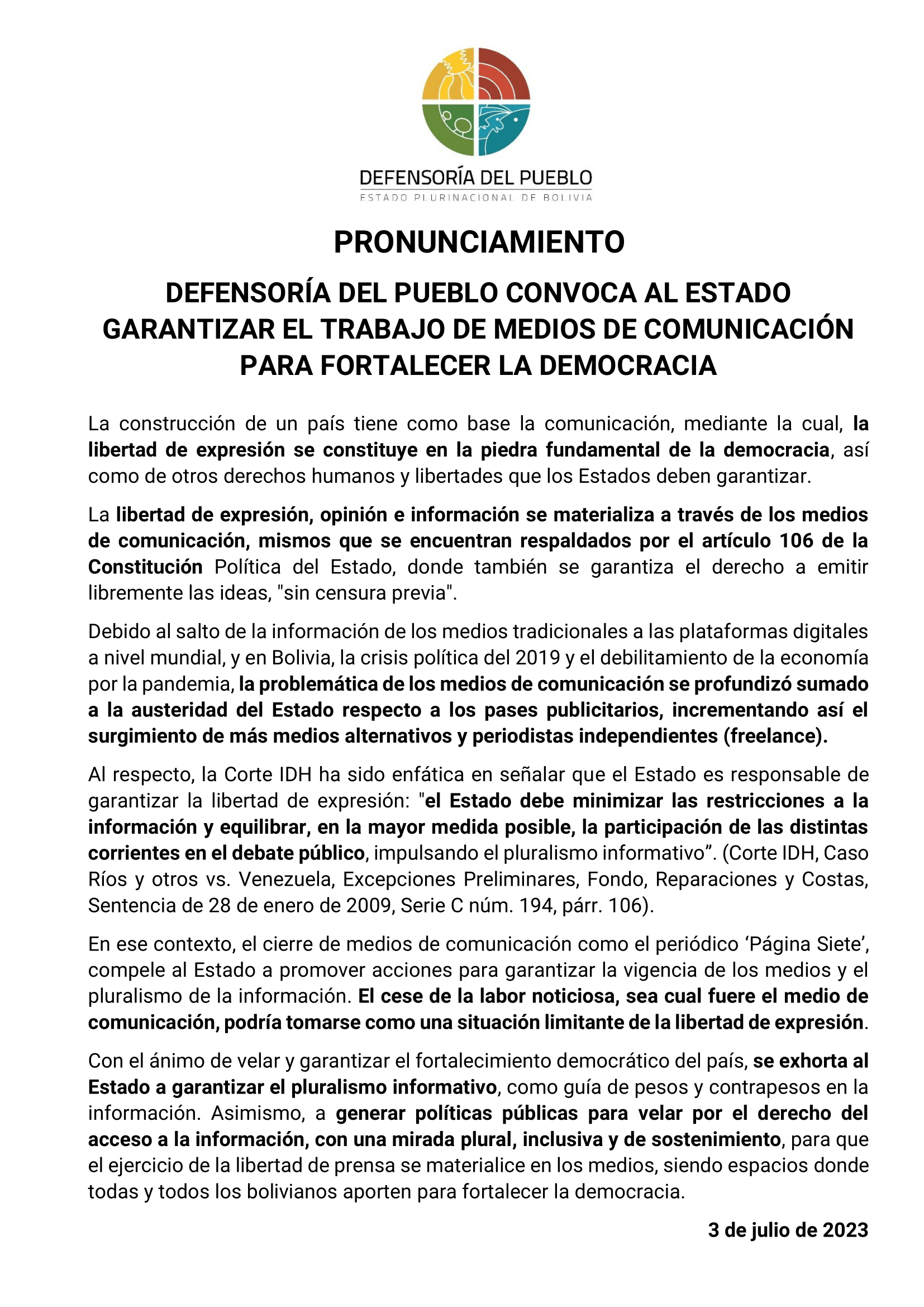 DEFENSORÍA DEL PUEBLO CONVOCA AL ESTADO A GARANTIZAR EL TRABAJO DE MEDIOS DE COMUNICACIÓN PARA FORTALECER LA DEMOCRACIA