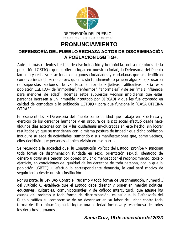 DEFENSORÍA DEL PUEBLO RECHAZA ACTOS DE DISCRIMINACIÓN A POBLACIÓN LGBTIQ+.