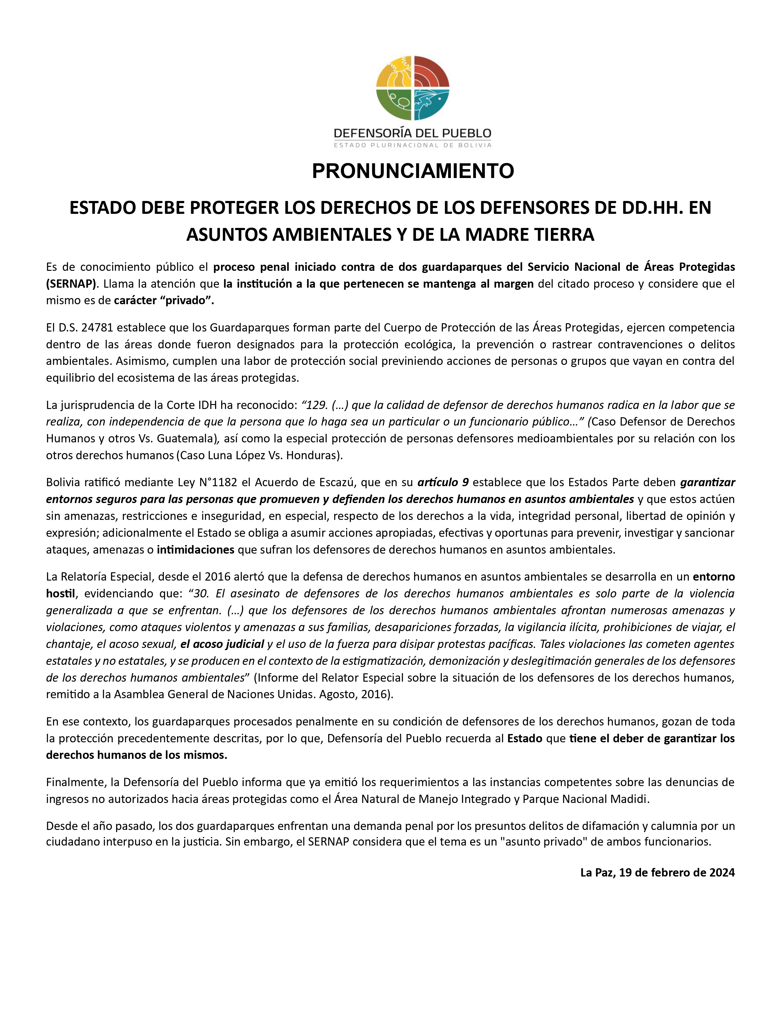 ESTADO DEBE PROTEGER LOS DERECHOS DE LOS DEFENSORES DE DD.HH. EN ASUNTOS AMBIENTALES Y DE LA MADRE TIERRA