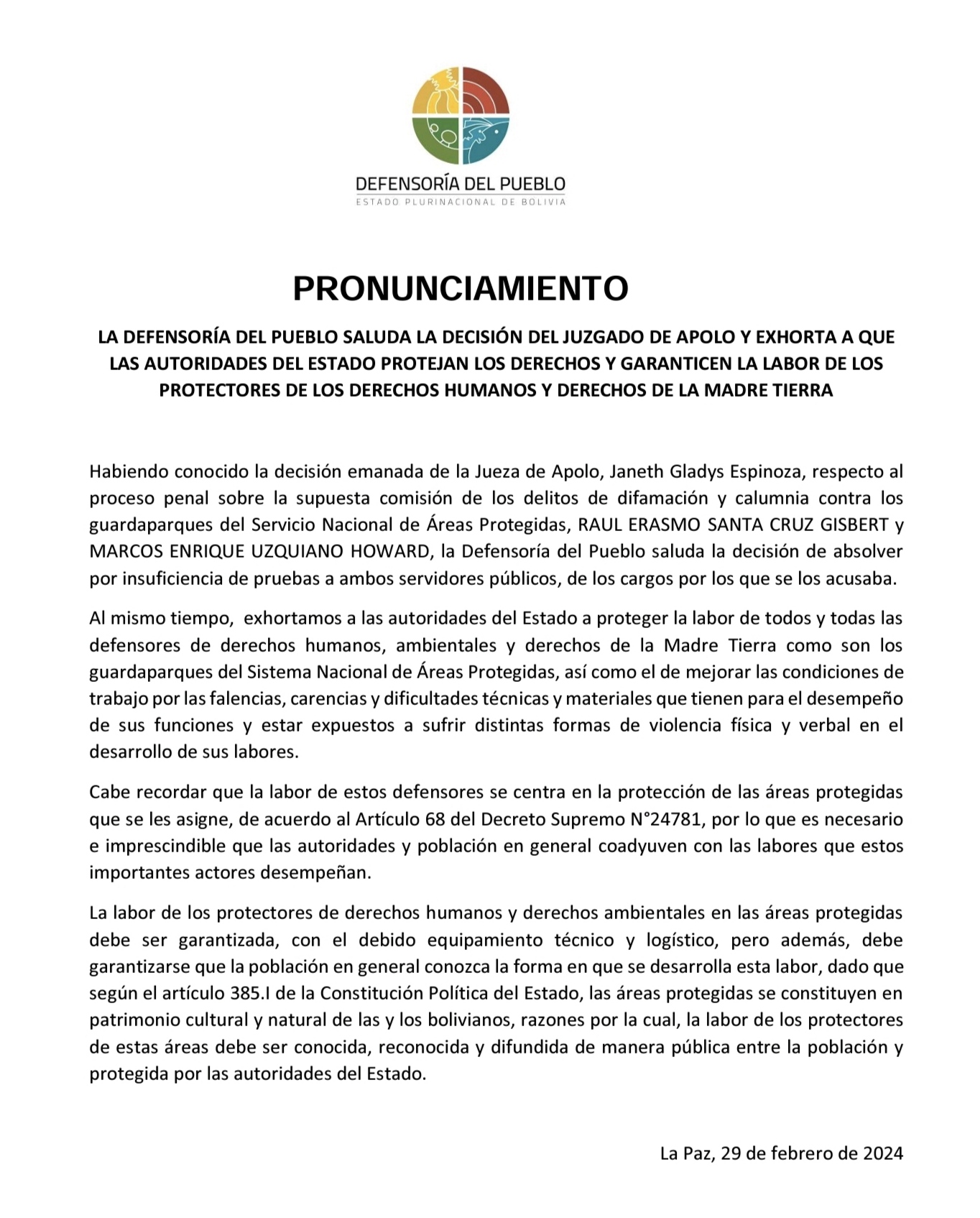 DEFENSORÍA DEL PUEBLO SALUDA LA DECISIÓN DEL JUZGADO DE APOLO Y EXHORTA A QUE LAS AUTORIDADES DEL ESTADO PROTEJAN LOS DERECHOS Y GARANTICEN LA LABOR DE LOS PROTECTORES DE LOS DERECHOS HUMANOS Y DERECHOS DE LA MADRE TIERRA