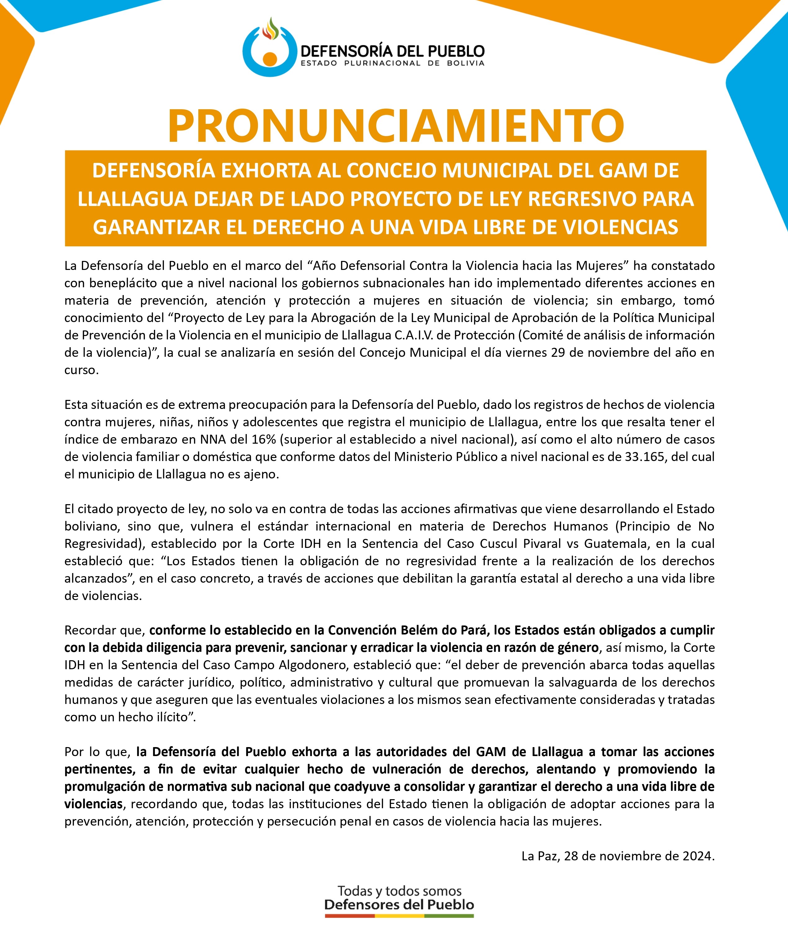 DEFENSORÍA EXHORTA AL CONCEJO MUNICIPAL DEL GAM DE LLALLAGUA DEJAR DE LADO PROYECTO DE LEY REGRESIVO PARA GARANTIZAR EL DERECHO A UNA VIDA LIBRE DE VIOLENCIAS