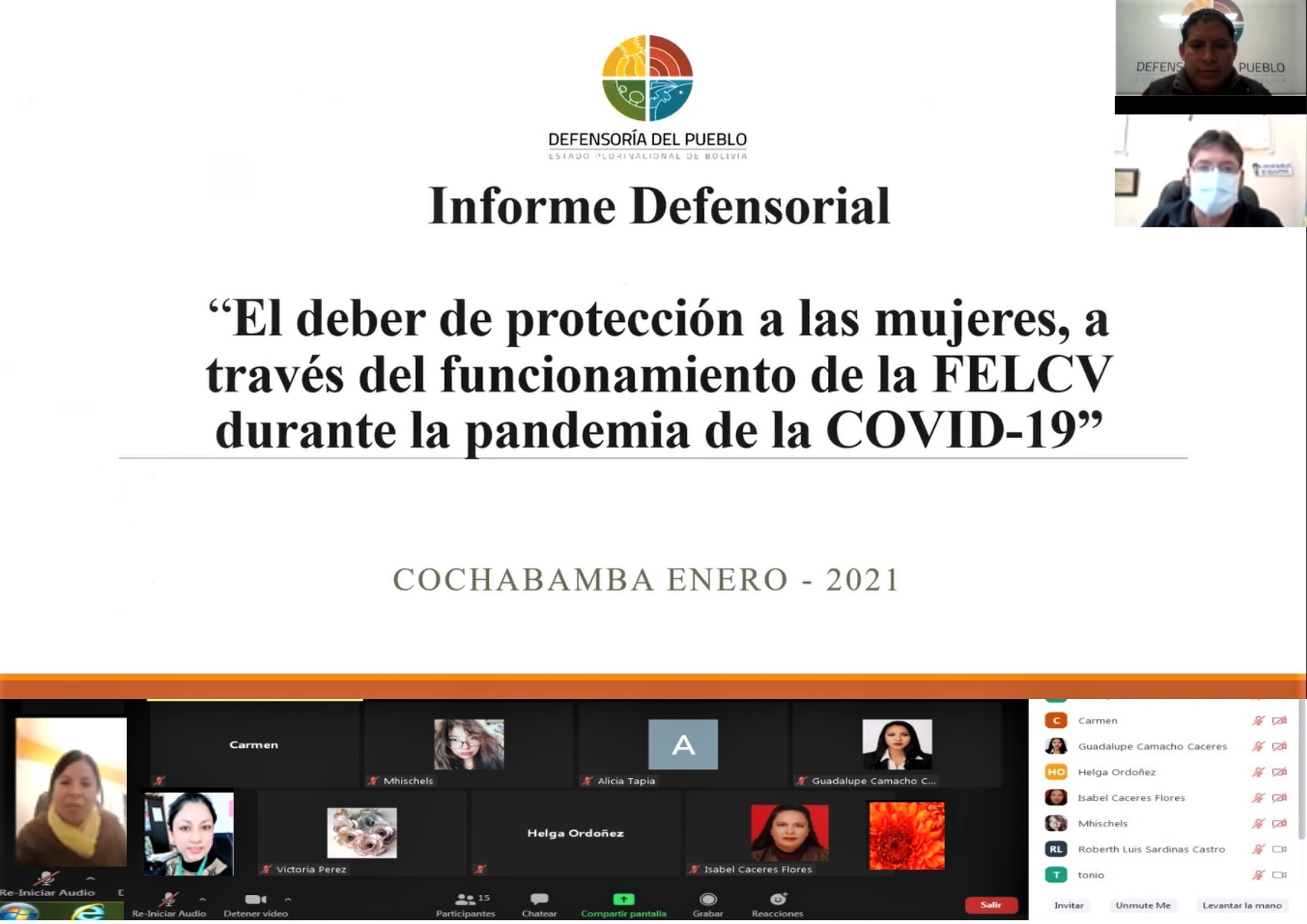 DEFENSORÍA DEL PUEBLO EN COCHABAMBA PRESENTÓ EL INFORME DEFENSORIAL “EL DEBER DE PROTECCIÓN A LAS MUJERES A TRAVÉS DEL FUNCIONAMIENTO DE LA FELCV DURANTE LA PANDEMIA DEL COVID 19