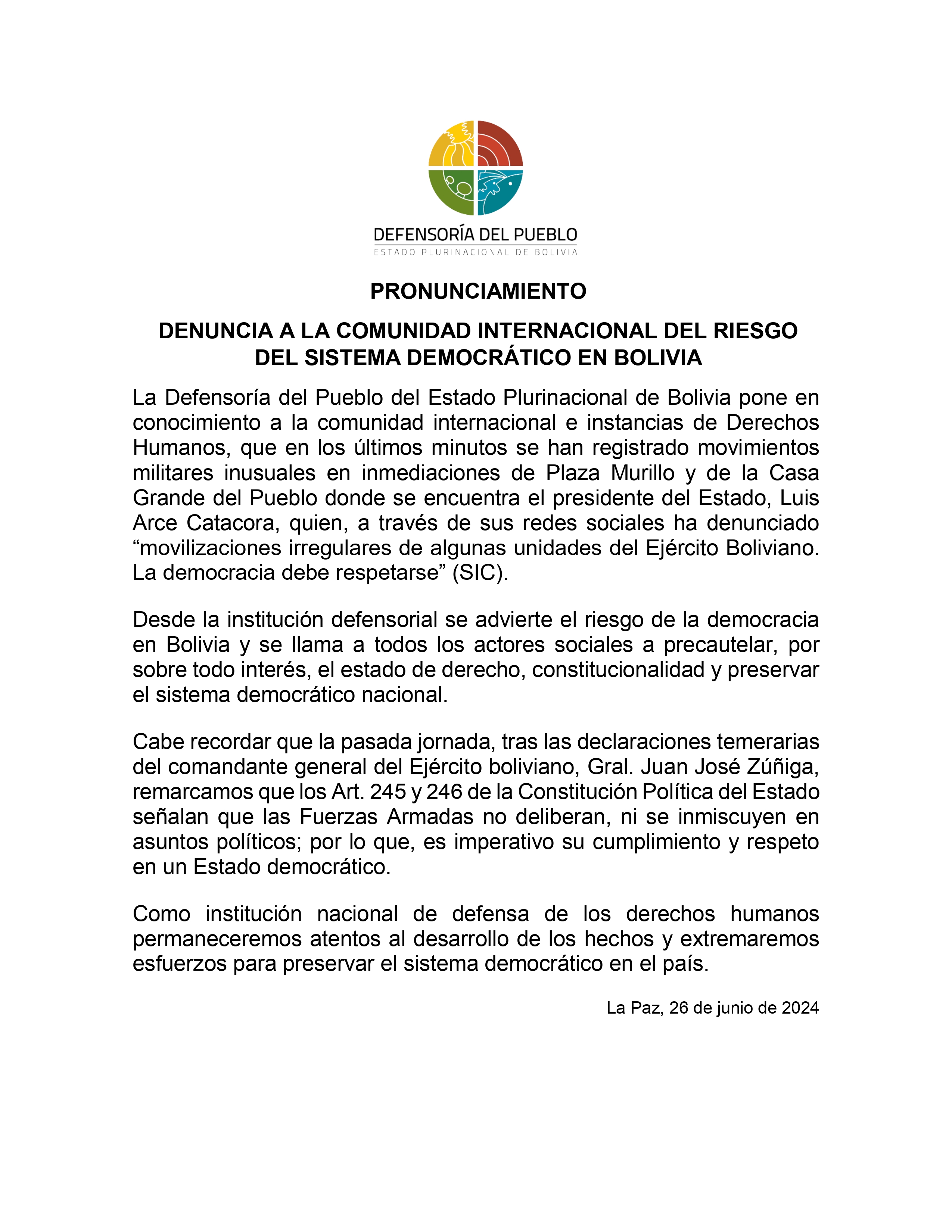 DENUNCIA A LA COMUNIDAD INTERNACIONAL DEL RIESGO DEL SISTEMA DEMOCRÁTICO EN BOLIVIA