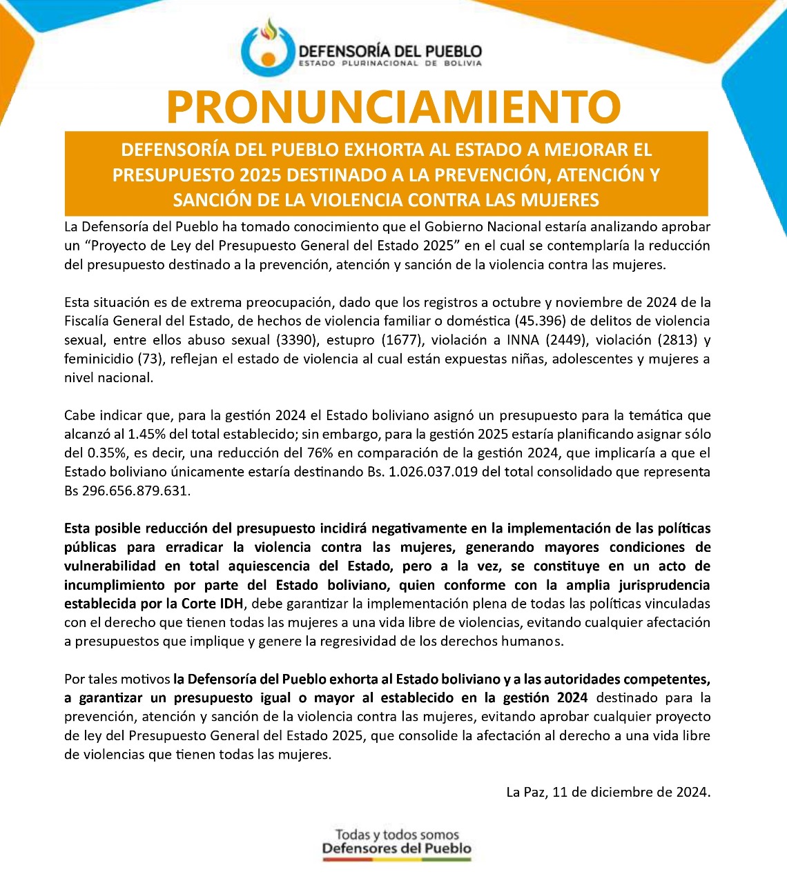 DEFENSORÍA DEL PUEBLO EXHORTA AL ESTADO GARANTIZAR RECURSOS PARA LA PREVENCIÓN Y LUCHA CONTRA LA VIOLENCIA A LAS MUJERES EN PGE 2025