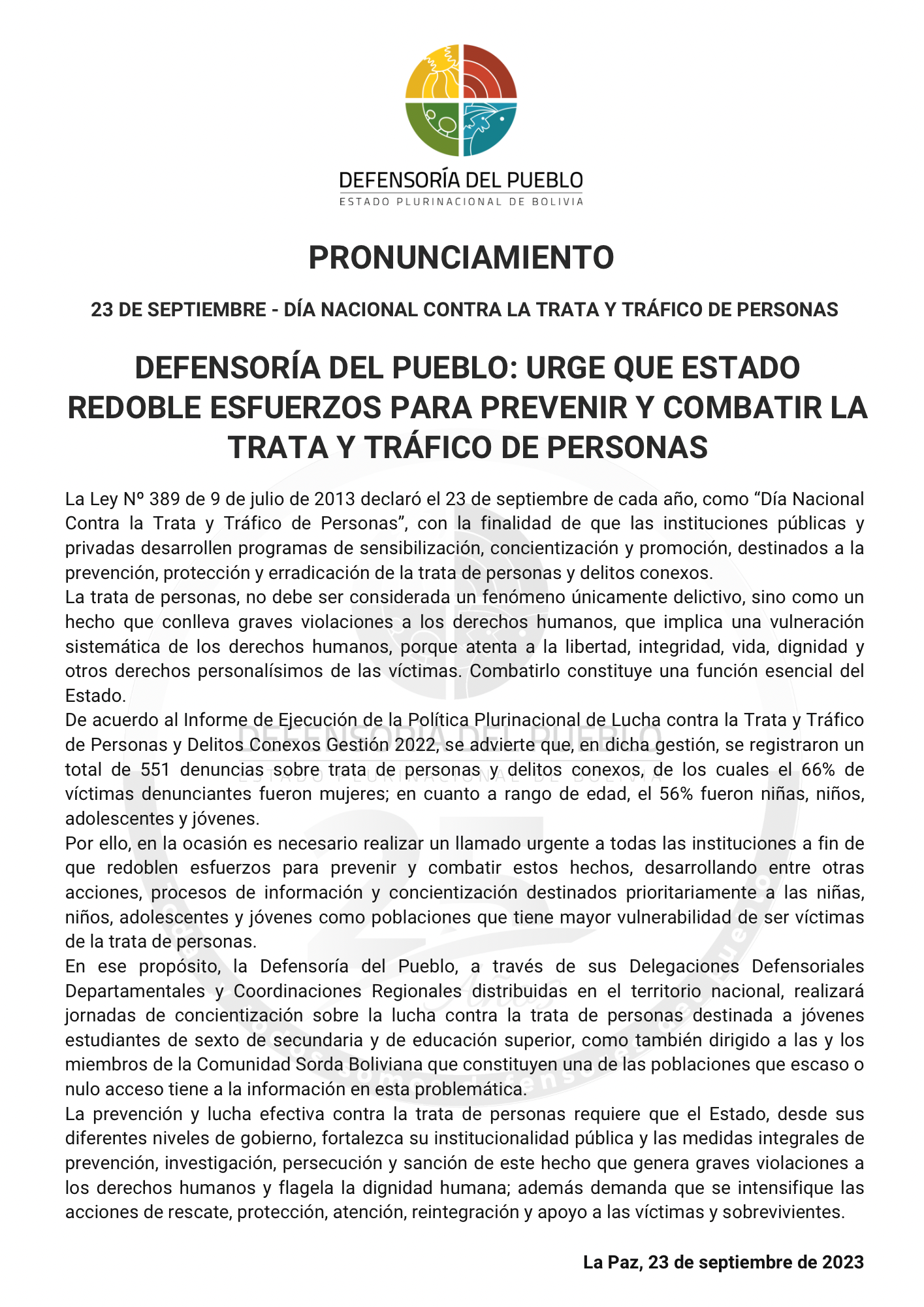 DEFENSORÍA DEL PUEBLO: URGE QUE ESTADO REDOBLE ESFUERZOS PARA PREVENIR Y COMBATIR LA TRATA Y TRÁFICO DE PERSONAS