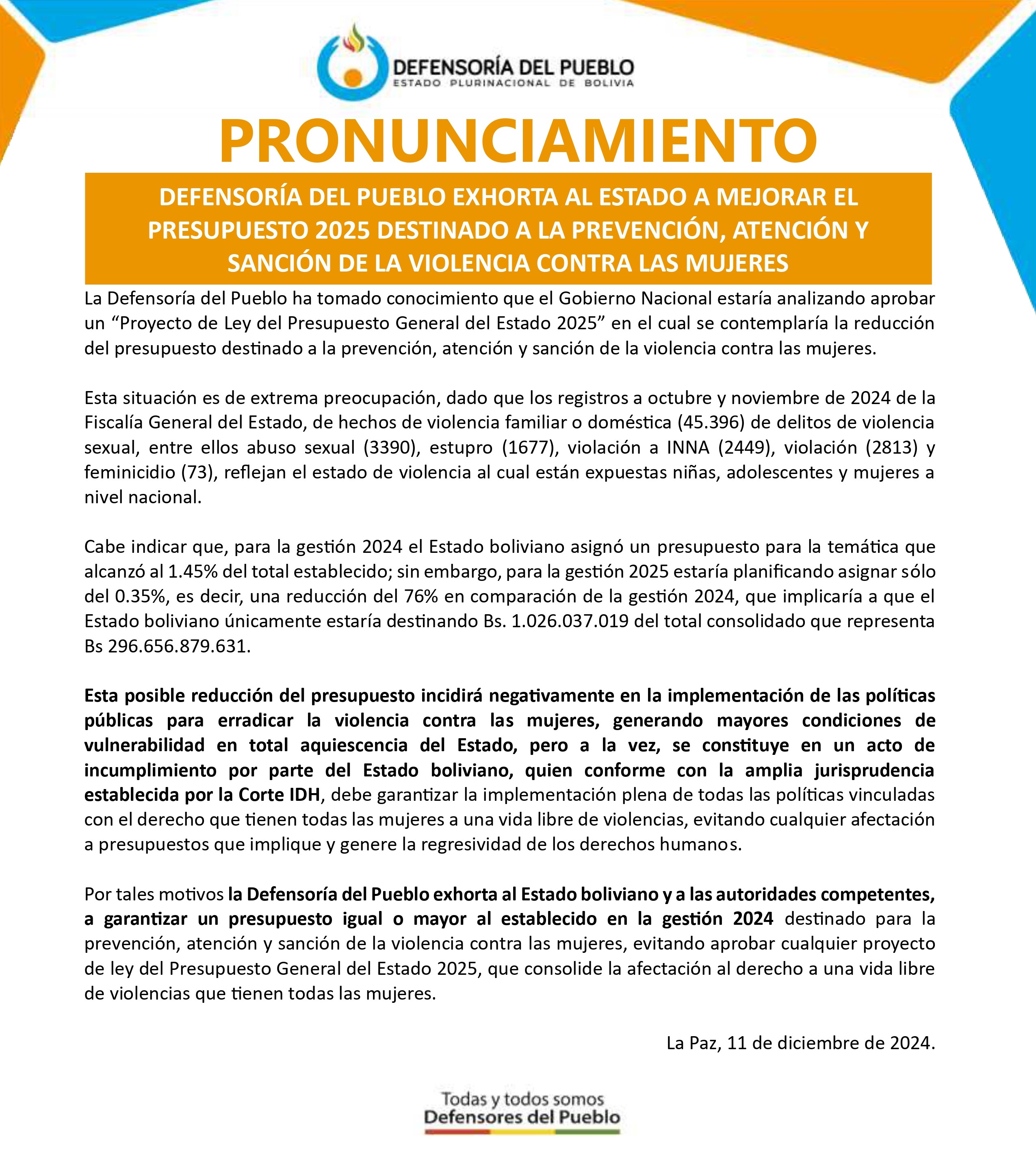 DEFENSORÍA DEL PUEBLO EXHORTA AL ESTADO A MEJORAR EL PRESUPUESTO 2025 DESTINADO A LA PREVENCIÓN, ATENCIÓN Y SANCIÓN DE LA VIOLENCIA CONTRA LAS MUJERES