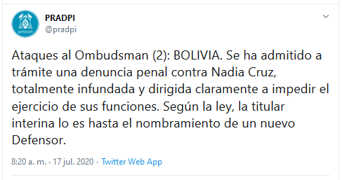 PRADPI expresa preocupación por ataques a la Defensora y afirma que su mandato rige hasta la elección de una nueva Autoridad