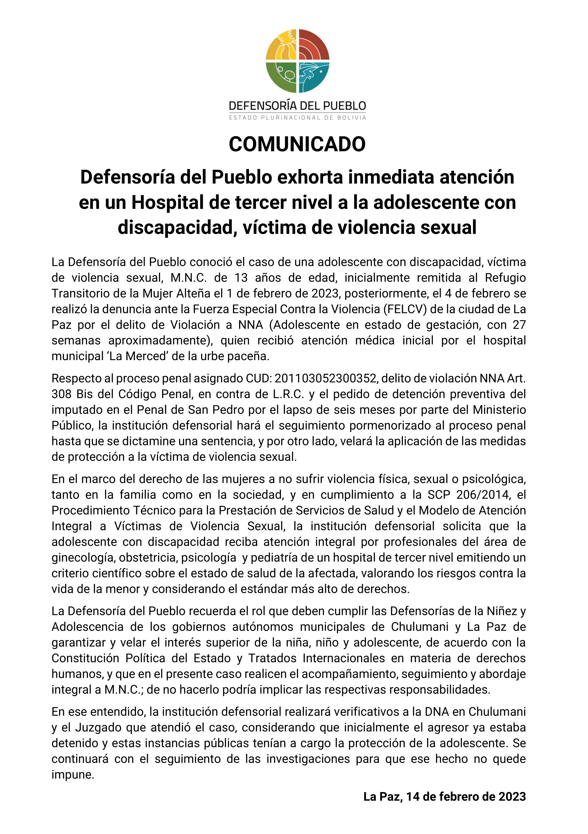 Defensoría del Pueblo exhorta inmediata atención en un Hospital de tercer nivel a la adolescente con discapacidad, víctima de violencia sexual