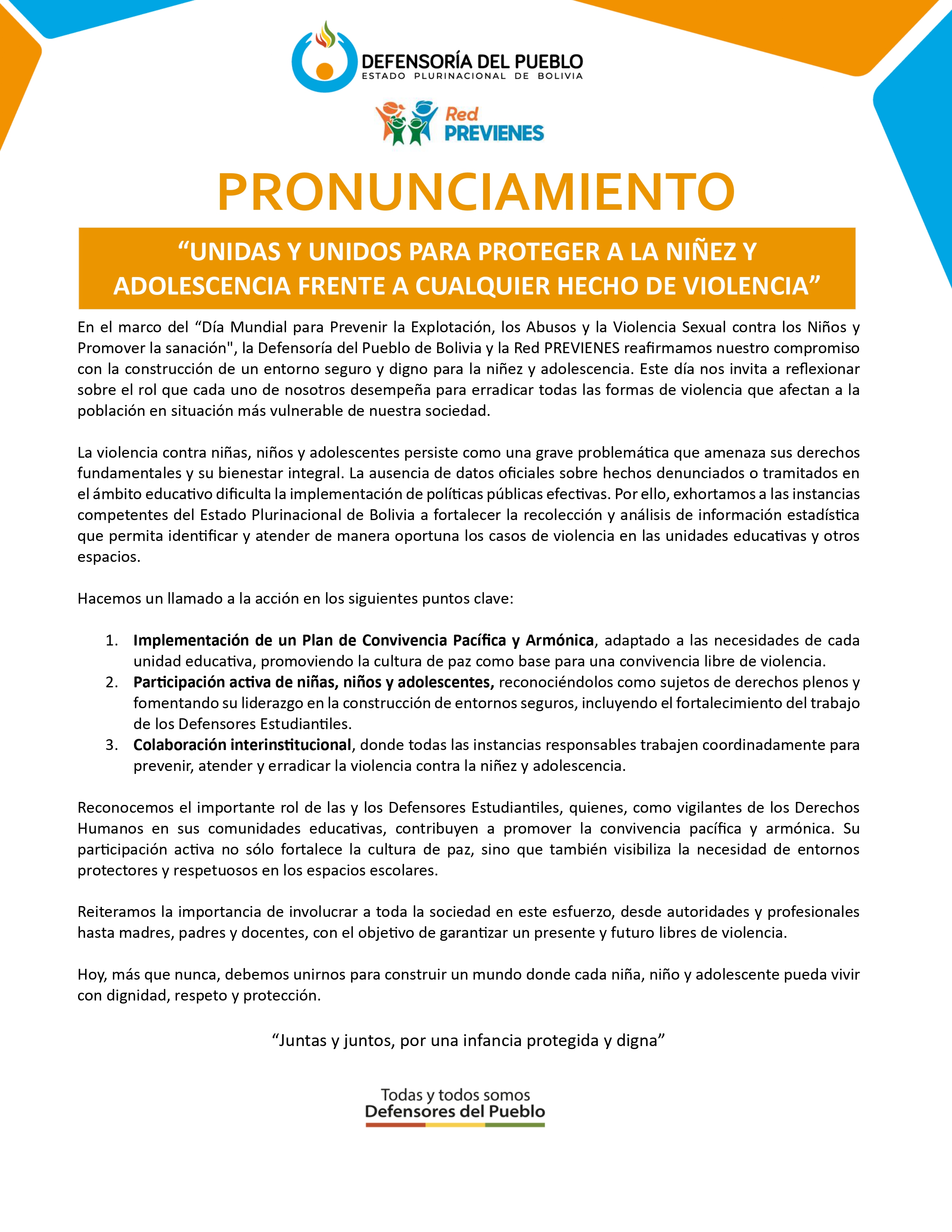 UNIDAS Y UNIDOS PARA PROTEGER A LA NIÑEZ Y ADOLESCENCIA FRENTE A CUALQUIER HECHO DE VIOLENCIA