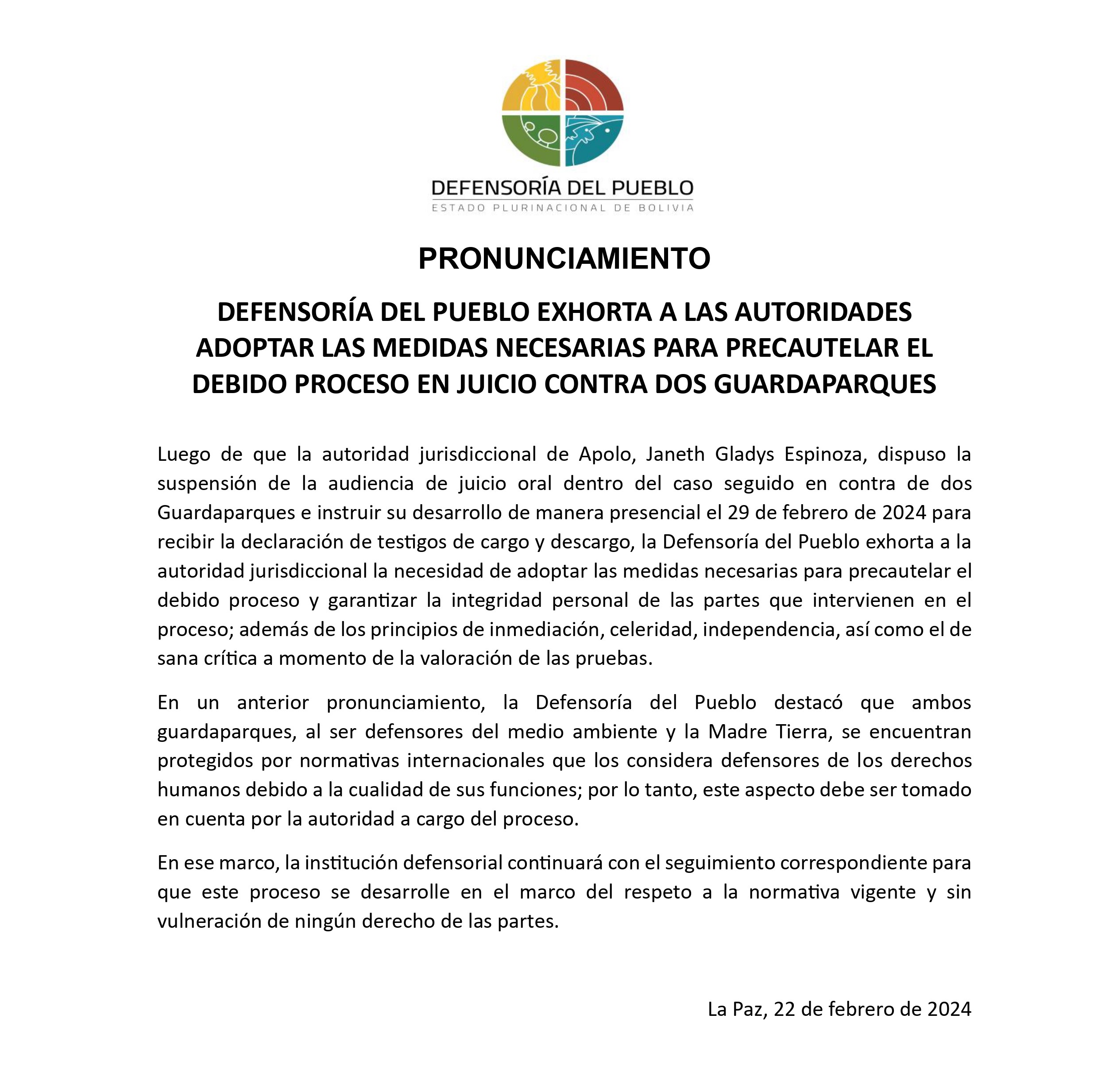 DEFENSORÍA DEL PUEBLO EXHORTA A LAS AUTORIDADES ADOPTAR LAS MEDIDAS NECESARIAS PARA PRECAUTELAR EL DEBIDO PROCESO EN JUICIO CONTRA DOS GUARDAPARQUES