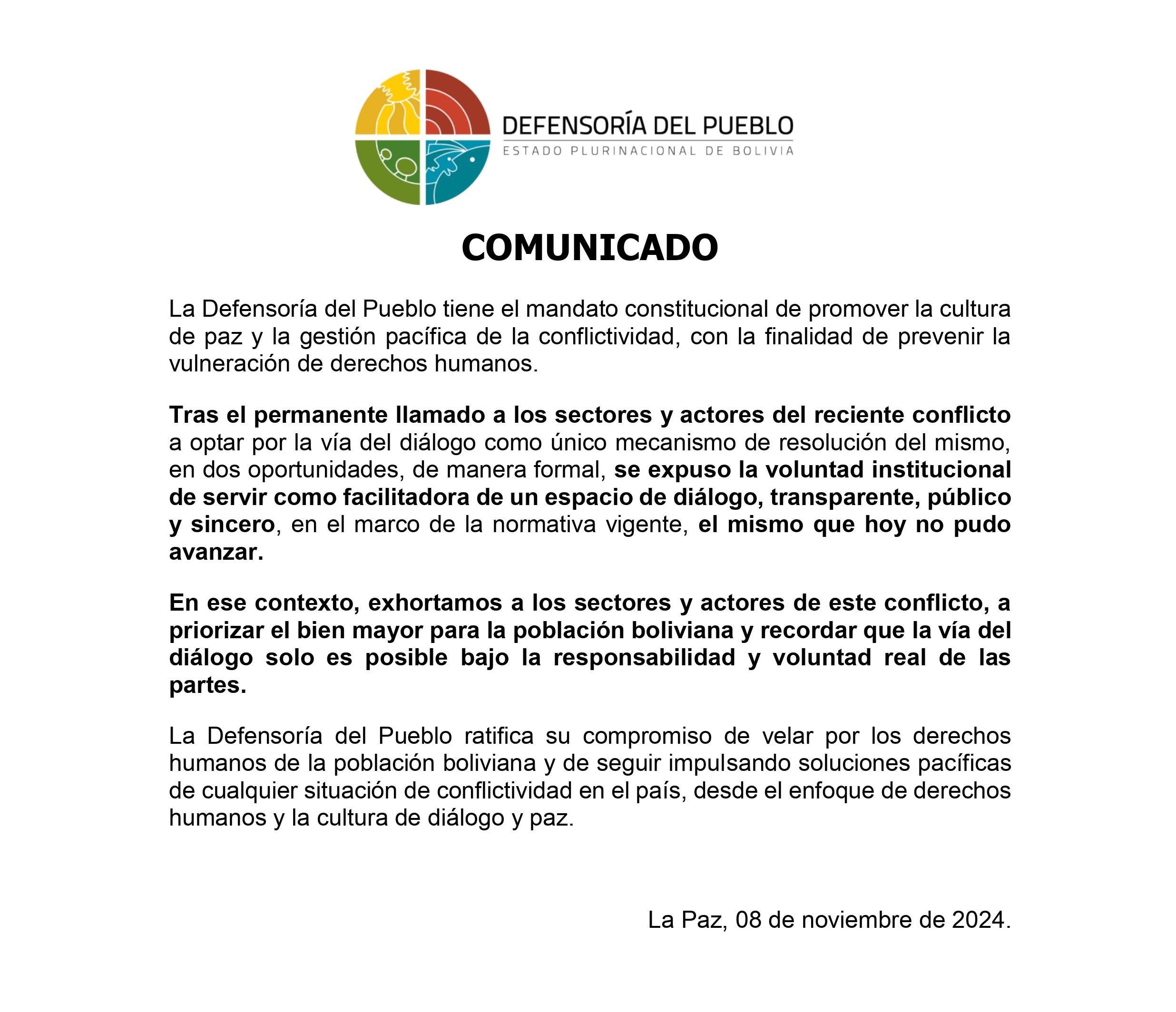 COMUNICADO DE LA DEFENSORIA DEL PUEBLO 8 DE NOVIEMBRE