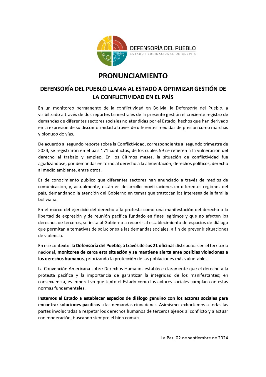 DEFENSORÍA DEL PUEBLO LLAMA AL ESTADO A OPTIMIZAR GESTIÓN DE LA CONFLICTIVIDAD EN EL PAÍS