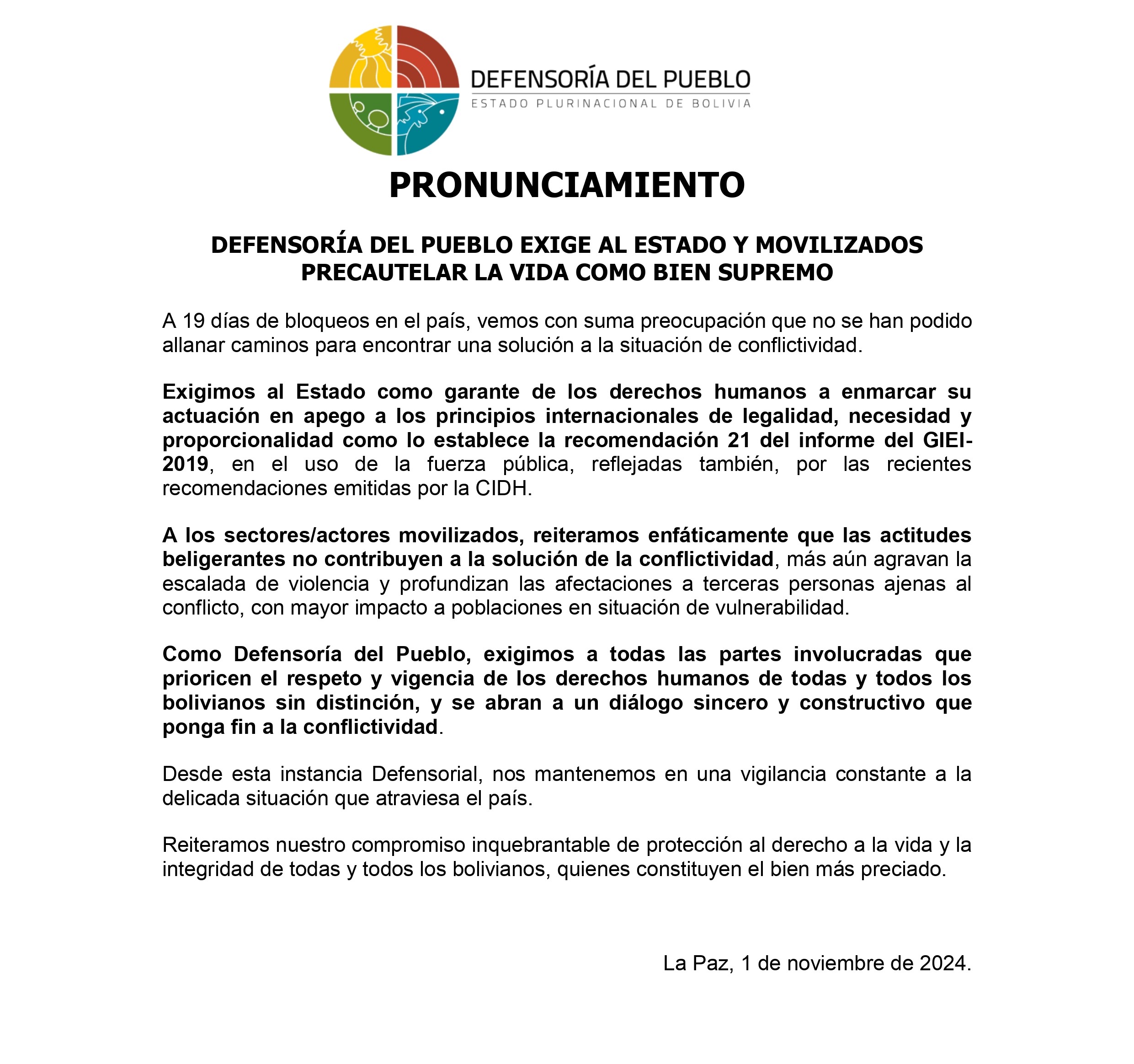 DEFENSORÍA DEL PUEBLO EXIGE AL ESTADO Y MOVILIZADOS PRECAUTELAR LA VIDA COMO BIEN SUPREMO