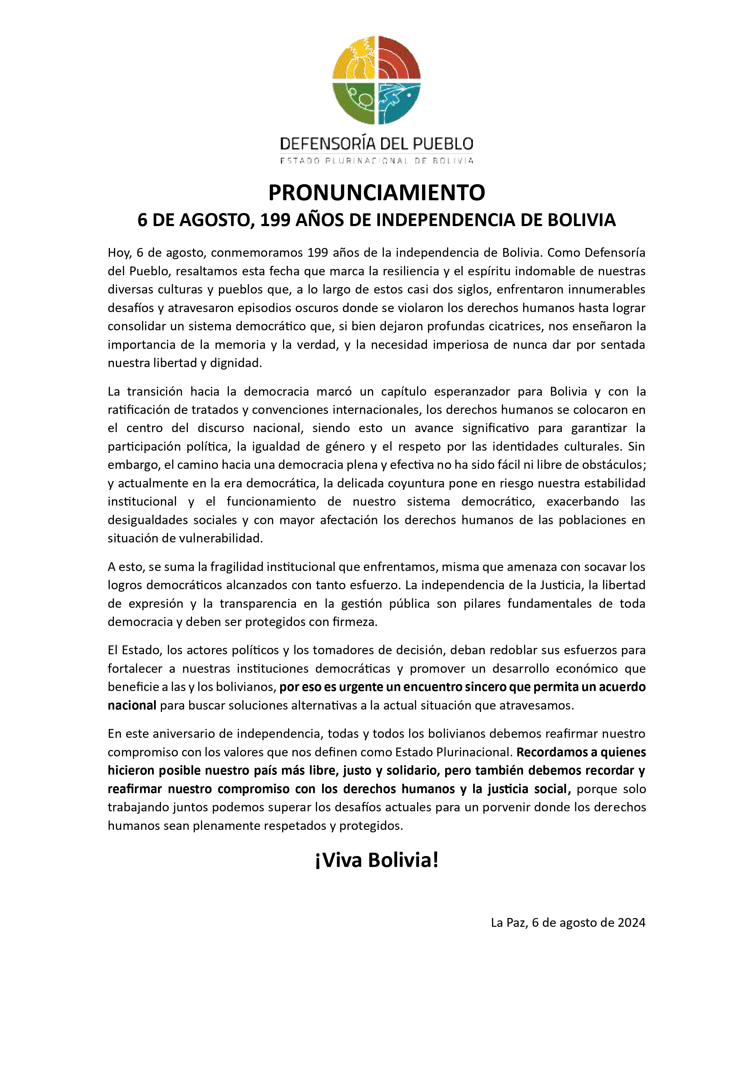 6 DE AGOSTO, 199 AÑOS DE INDEPENDENCIA DE BOLIVIA