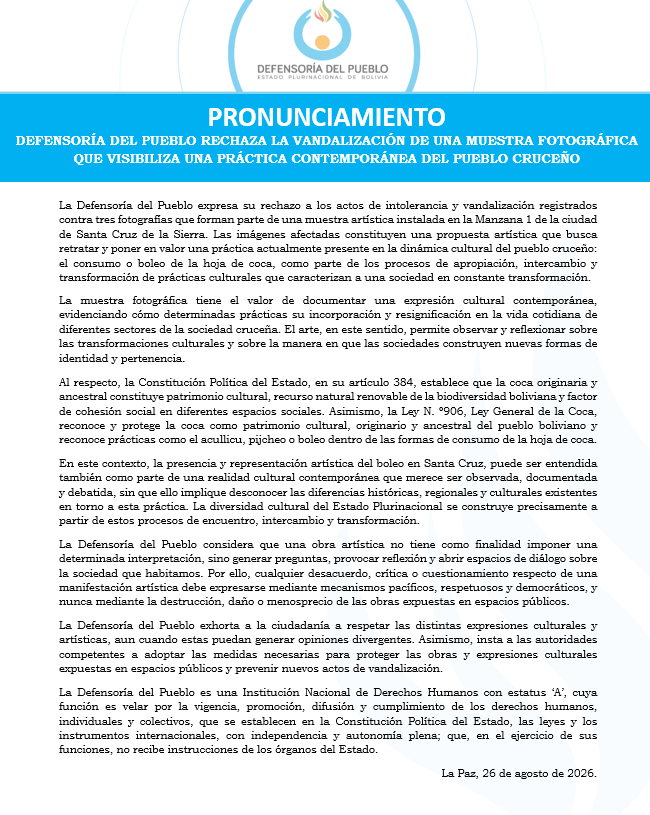 PRONUNCIAMIENTO DEFENSORÍA DEL PUEBLO RECHAZA LA VANDALIZACIÓN DE UNA MUESTRA FOTOGRÁFICA QUE VISIBILIZA  PRÁCTICA CONTEMPORÁNEA DEL PUEBLO CRUCEÑO
