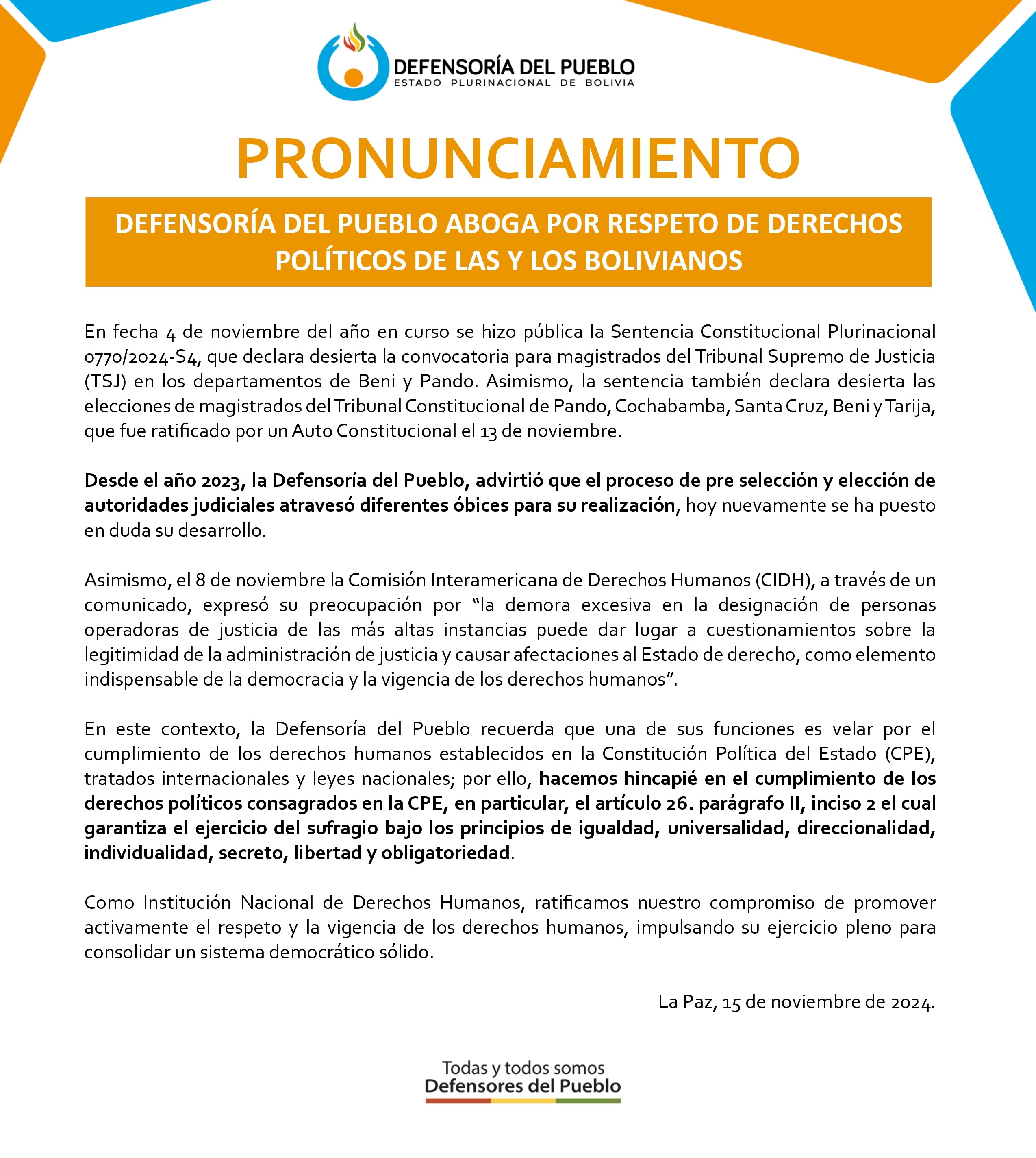 DEFENSORÍA DEL PUEBLO ABOGA POR RESPETO DE DERECHOS POLÍTICOS DE LAS Y LOS BOLIVIANOS