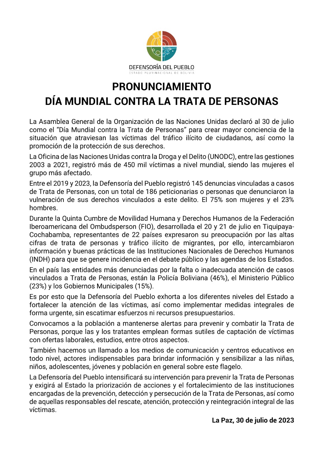 PRONUNCIAMIENTO - DÍA MUNDIAL CONTRA LA TRATA DE PERSONAS