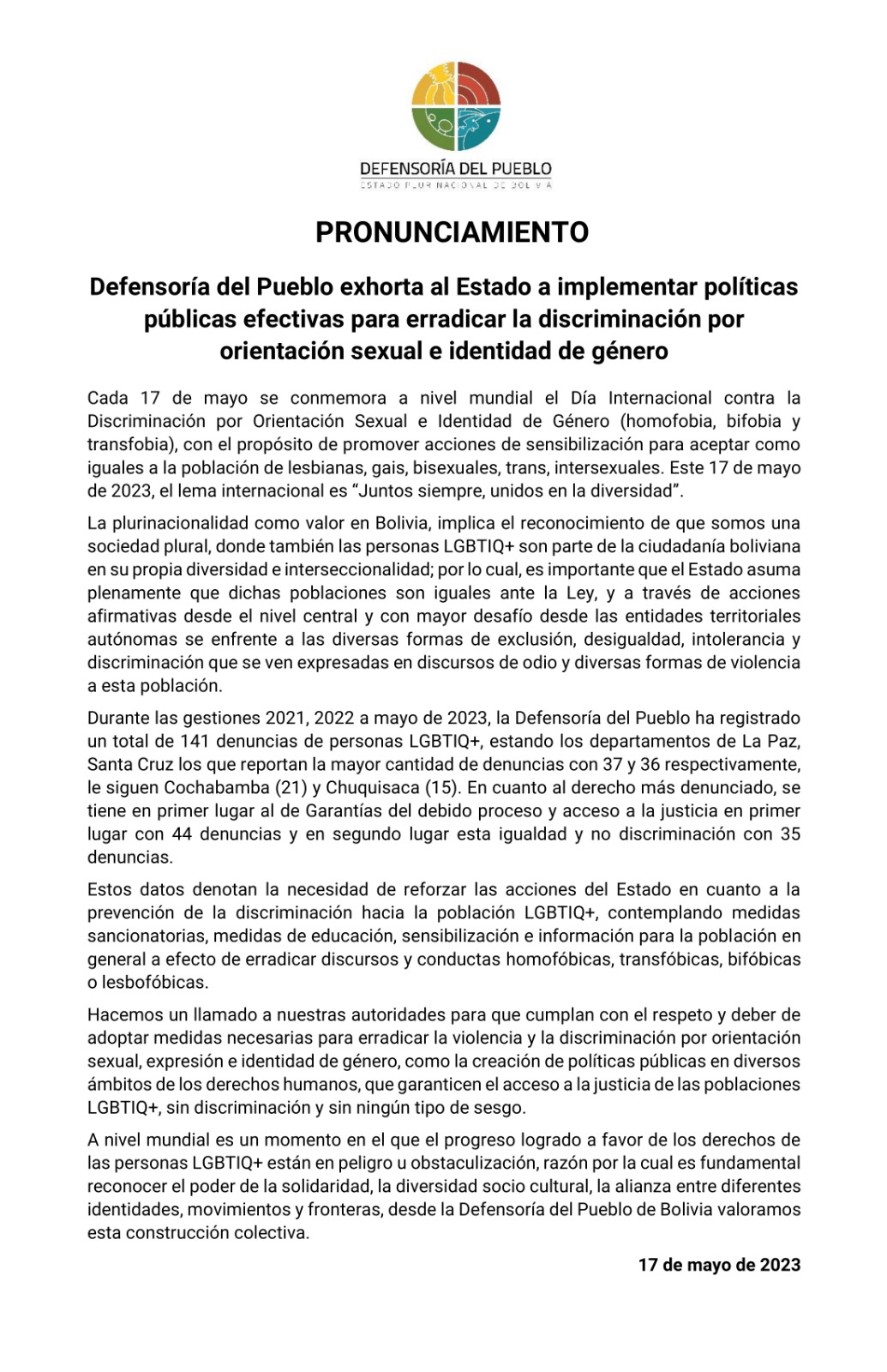 Defensoría del Pueblo exhorta al Estado a implementar políticas públicas efectivas para erradicar la discriminación por orientación sexual e identidad de género