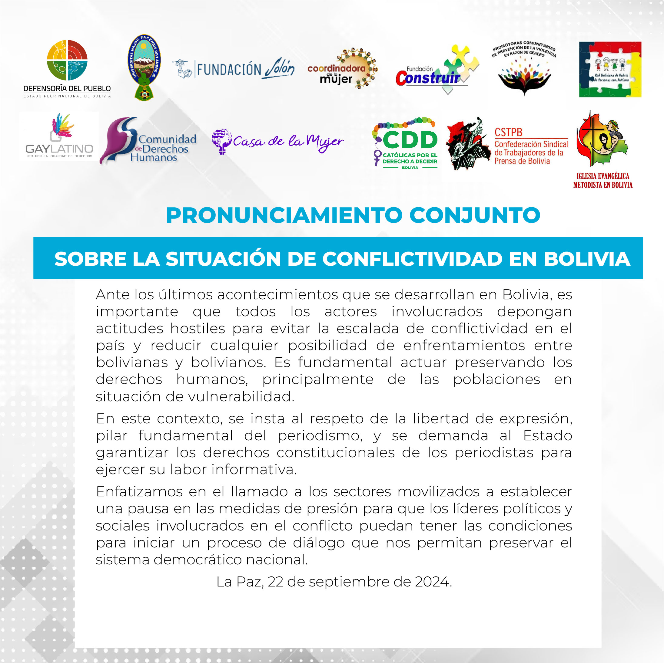 PRONUNCIAMIENTO CONJUNTO SOBRE LA SITUACIÓN DE CONFLICTIVIDAD EN BOLIVIA