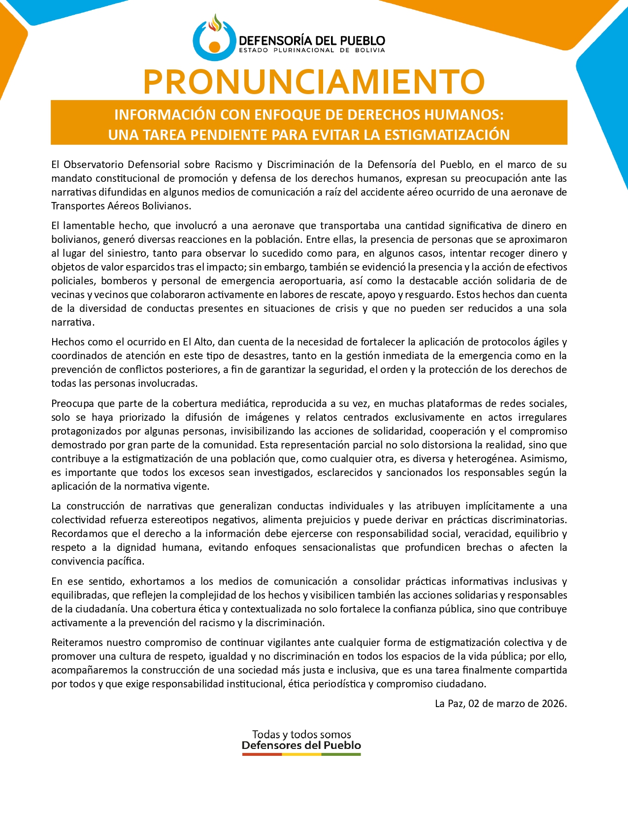 PRONUNCIAMIENTO INFORMACIÓN CON ENFOQUE DE DERECHOS HUMANOS:  UNA TAREA PENDIENTE PARA EVITAR LA ESTIGMATIZACIÓN