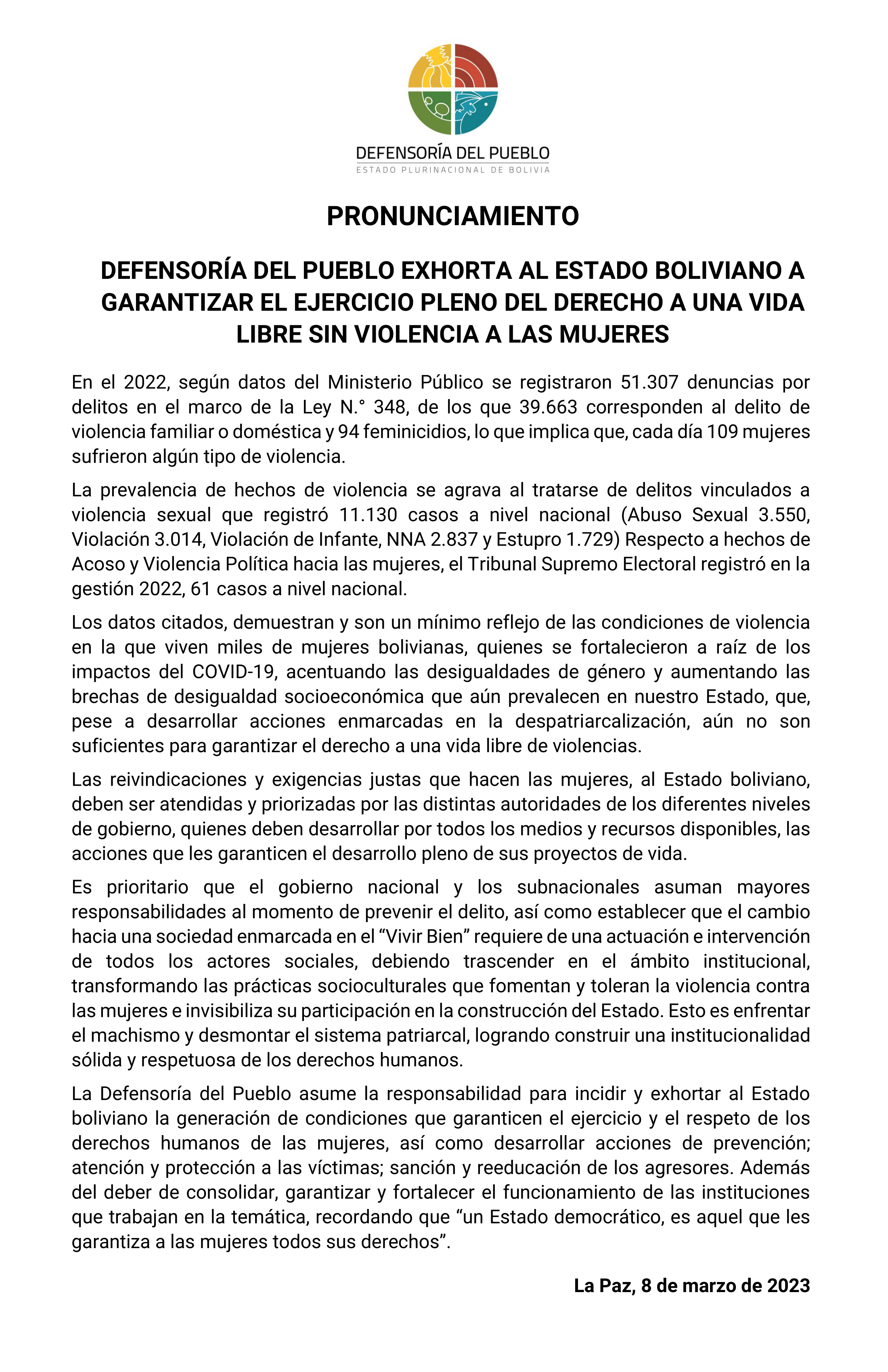 DEFENSORÍA DEL PUEBLO EXHORTA AL ESTADO BOLIVIANO A GARANTIZAR EL EJERCICIO PLENO DEL DERECHO A UNA VIDA LIBRE SIN VIOLENCIA A LAS MUJERES