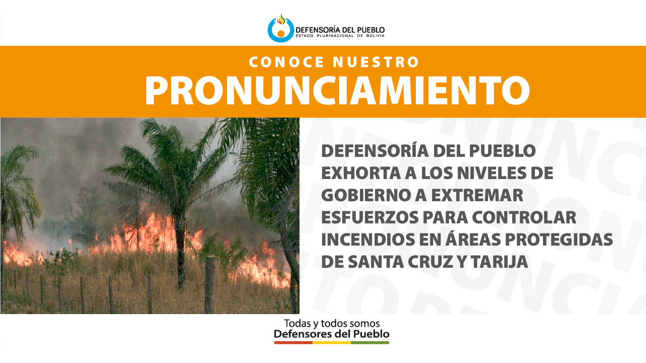 DEFENSORÍA DEL PUEBLO EXHORTA A LOS NIVELES DE GOBIERNO A EXTREMAR ESFUERZOS PARA CONTROLAR INCENDIOS EN ÁREAS PROTEGIDAS DE SANTA CRUZ Y TARIJA