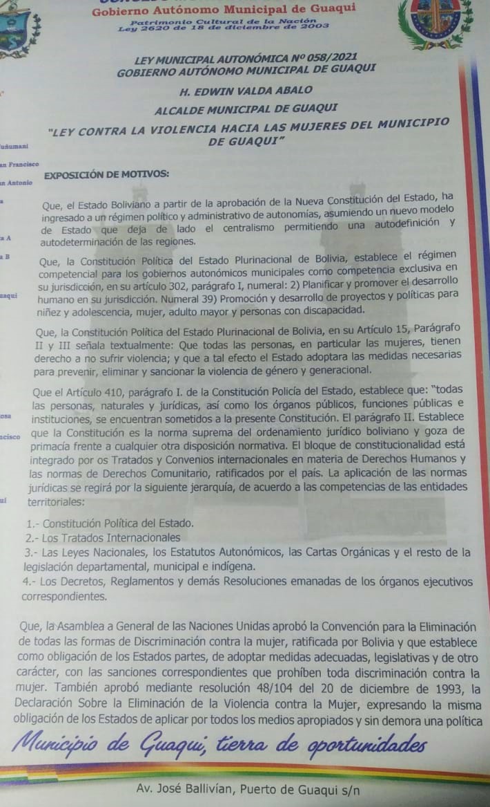 Alcalde de Guaqui promulga la Ley Municipal contra la violencia a las mujeres con base a la propuesta presentada por la Defensoría del Pueblo