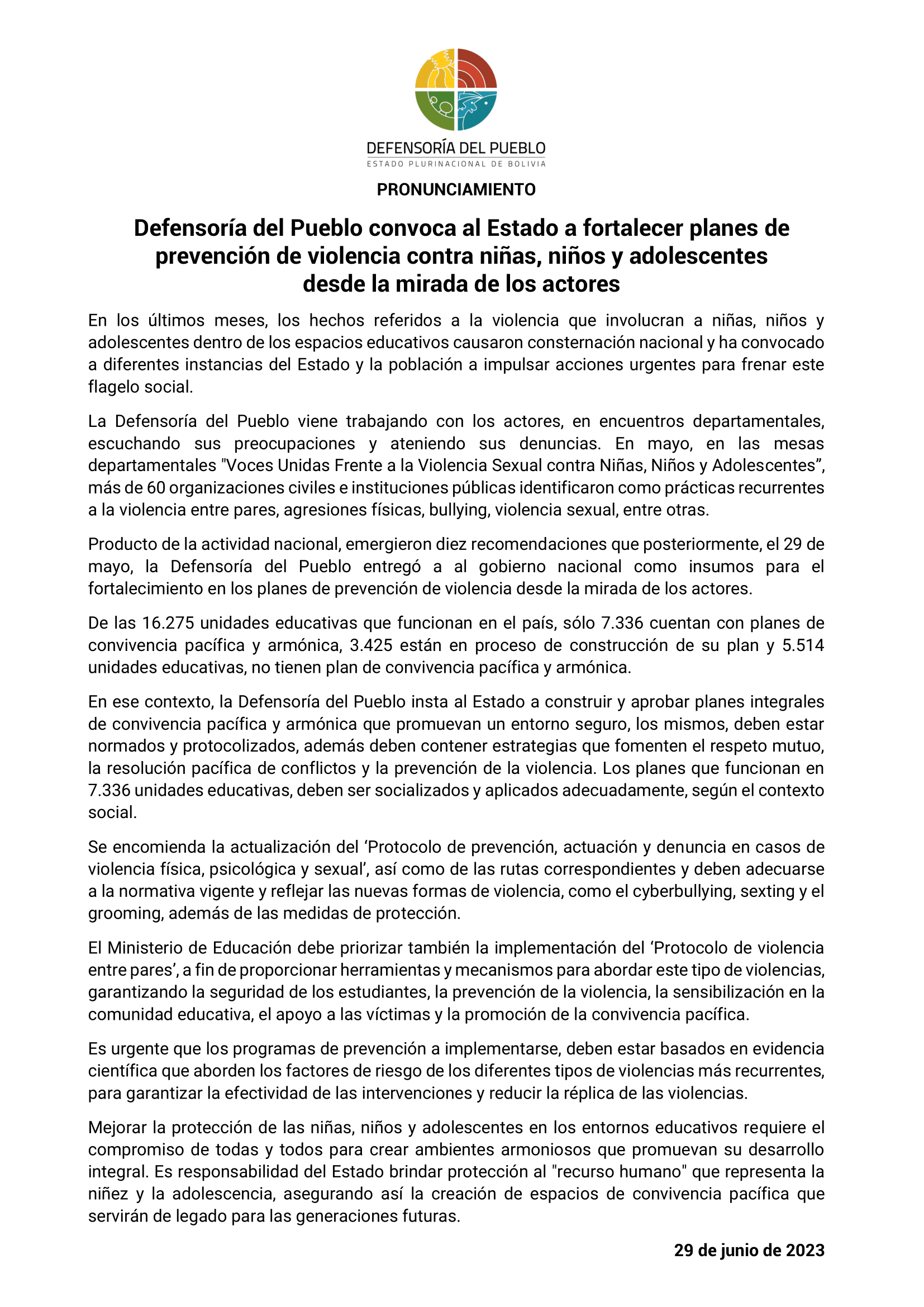 Defensoría del Pueblo convoca al Estado a fortalecer planes de prevención de violencia contra niñas, niños y adolescentes desde la mirada de los actores