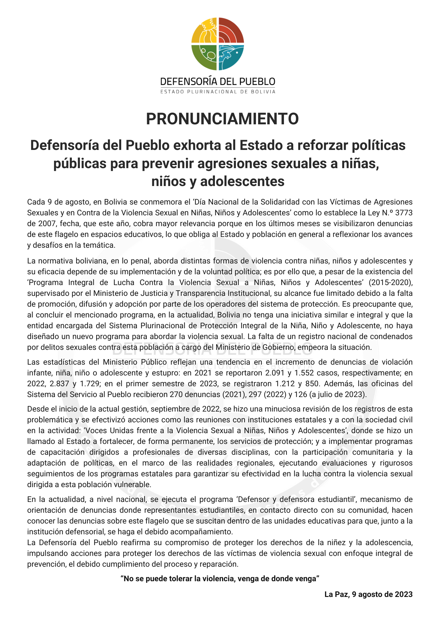 Defensoría del Pueblo exhorta al Estado a reforzar políticas públicas para prevenir agresiones sexuales a niñas, niños y adolescentes