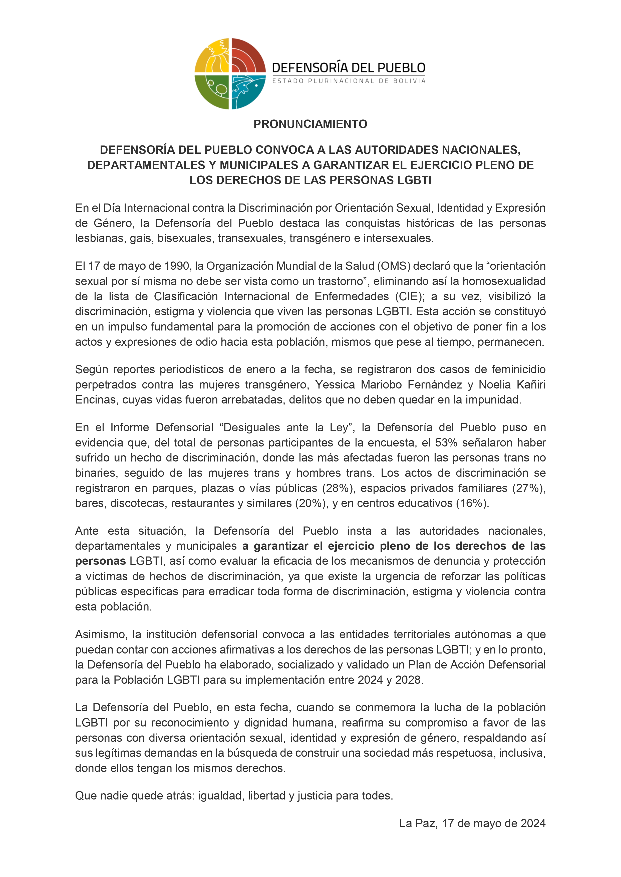 DEFENSORÍA DEL PUEBLO CONVOCA A LAS AUTORIDADES NACIONALES, DEPARTAMENTALES Y MUNICIPALES A GARANTIZAR EL EJERCICIO PLENO DE LOS DERECHOS DE LAS PERSONAS LGBTI