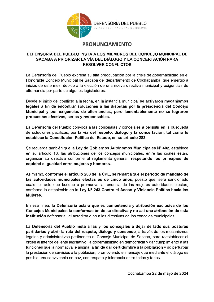 DEFENSORÍA DEL PUEBLO INSTA A LOS MIEMBROS DEL CONCEJO MUNICIPAL DE SACABA A PRIORIZAR LA VÍA DEL DIÁLOGO Y LA CONCERTACIÓN PARA RESOLVER CONFLICTOS