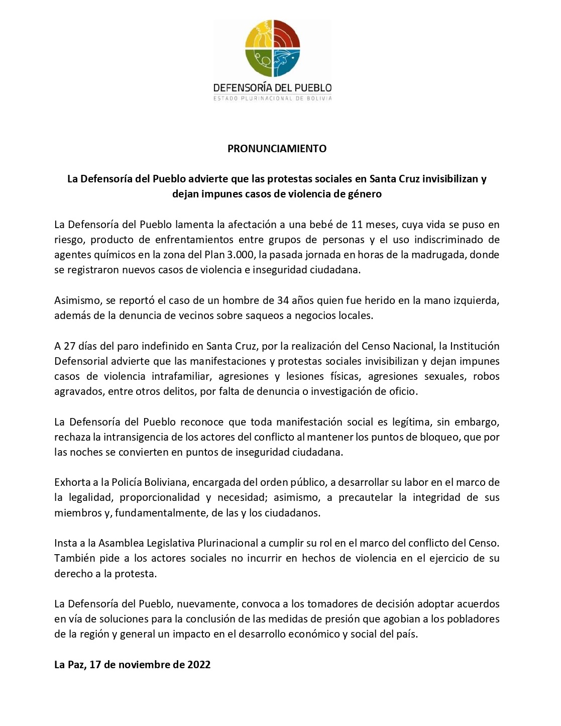 La Defensoría del Pueblo advierte que las protestas sociales en Santa Cruz invisibilizan y dejan impunes casos de violencia de género