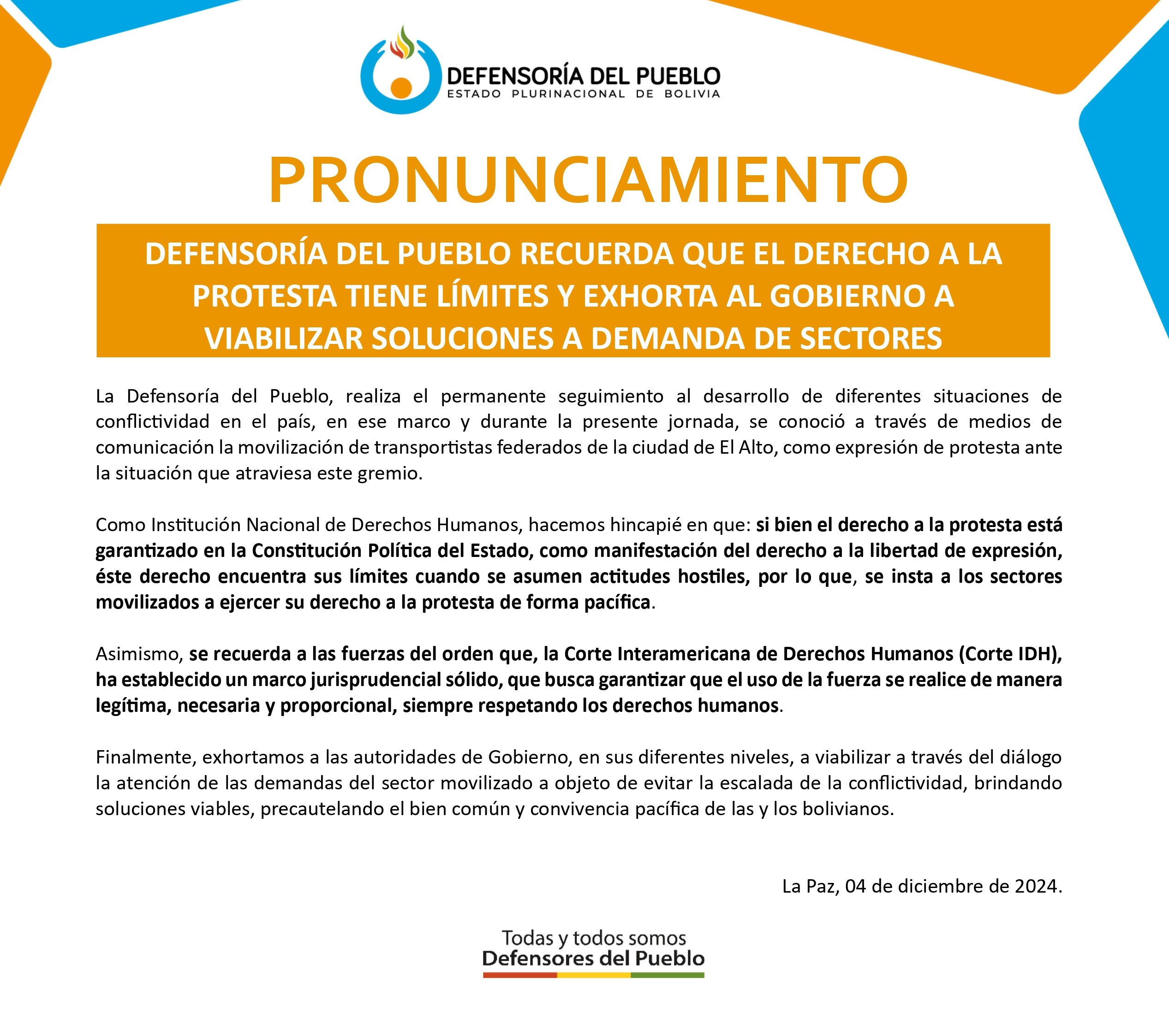 DEFENSORÍA DEL PUEBLO RECUERDA QUE EL DERECHO A LA PROTESTA TIENE LÍMITES Y EXHORTA AL GOBIERNO A VIABILIZAR SOLUCIONES A DEMANDA DE SECTORES