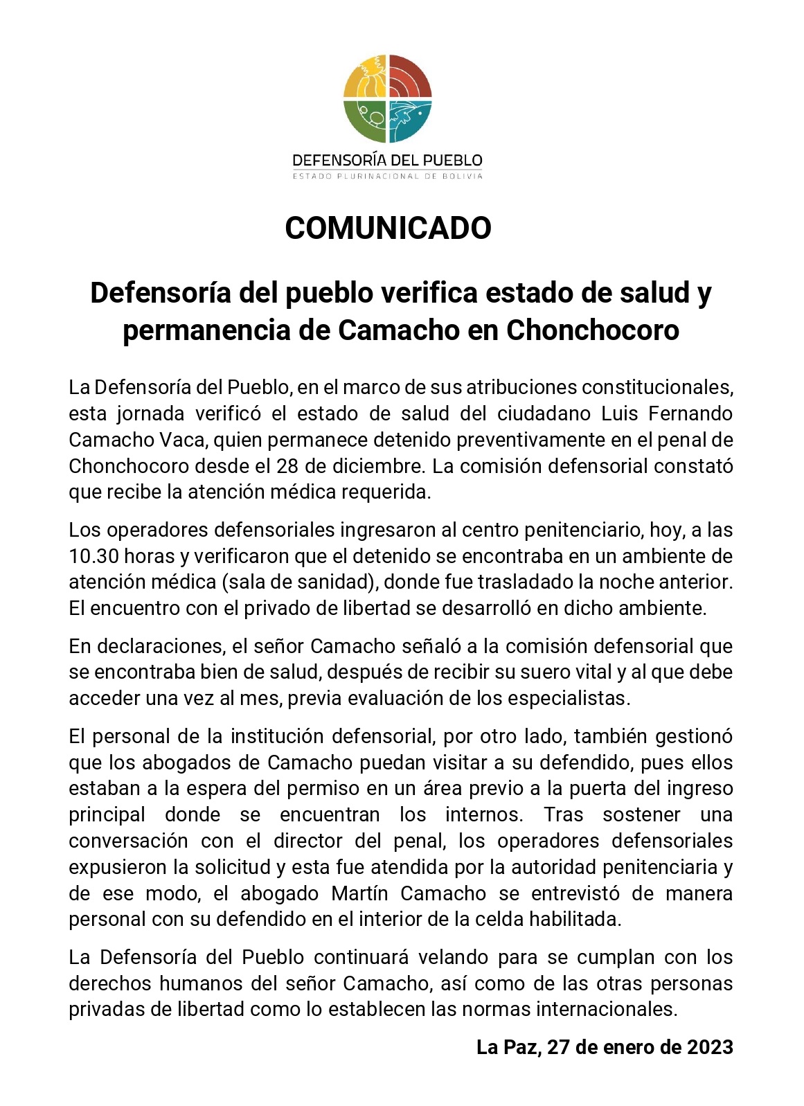 Defensoría del Pueblo verifica estado de salud y permanencia de Camacho en Chonchocoro