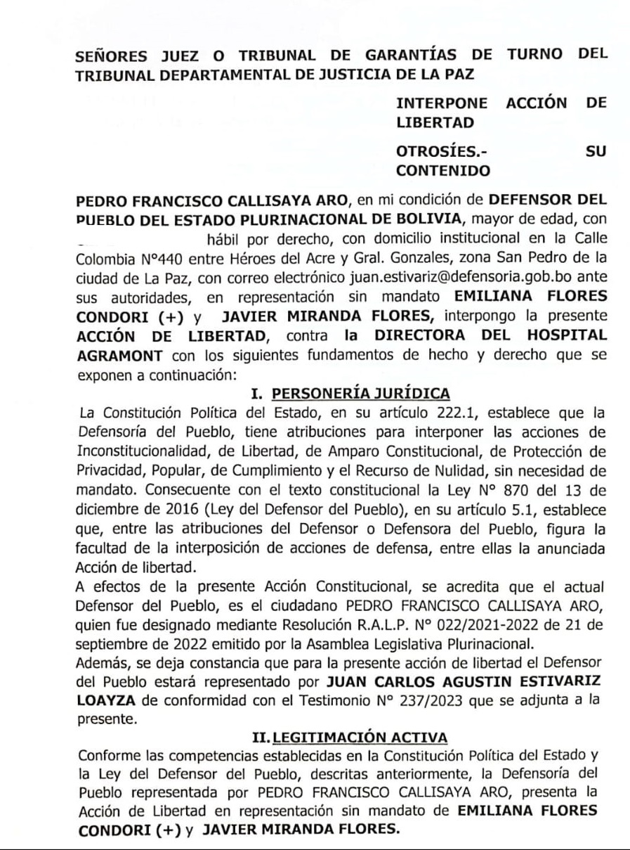 Defensoría del Pueblo gana Acción de Libertad contra el hospital Agramont por la retención ilegal del cuerpo de una víctima de accidente de tránsito