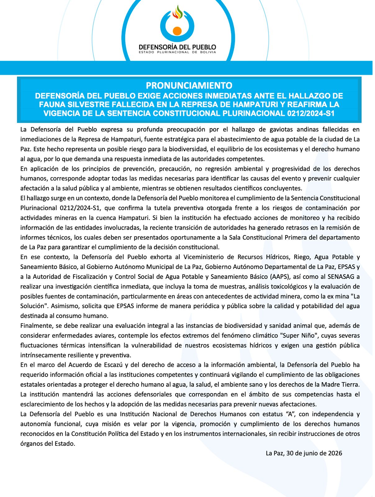 PRONUNCIAMIENTO: DEFENSORÍA DEL PUEBLO EXIGE ACCIONES INMEDIATAS ANTE EL HALLAZGO DE FAUNA SILVESTRE FALLECIDA EN LA REPRESA DE HAMPATURI Y REAFIRMA LA VIGENCIA DE LA SENTENCIA CONSTITUCIONAL PLURINACIONAL 0212/2024-S1