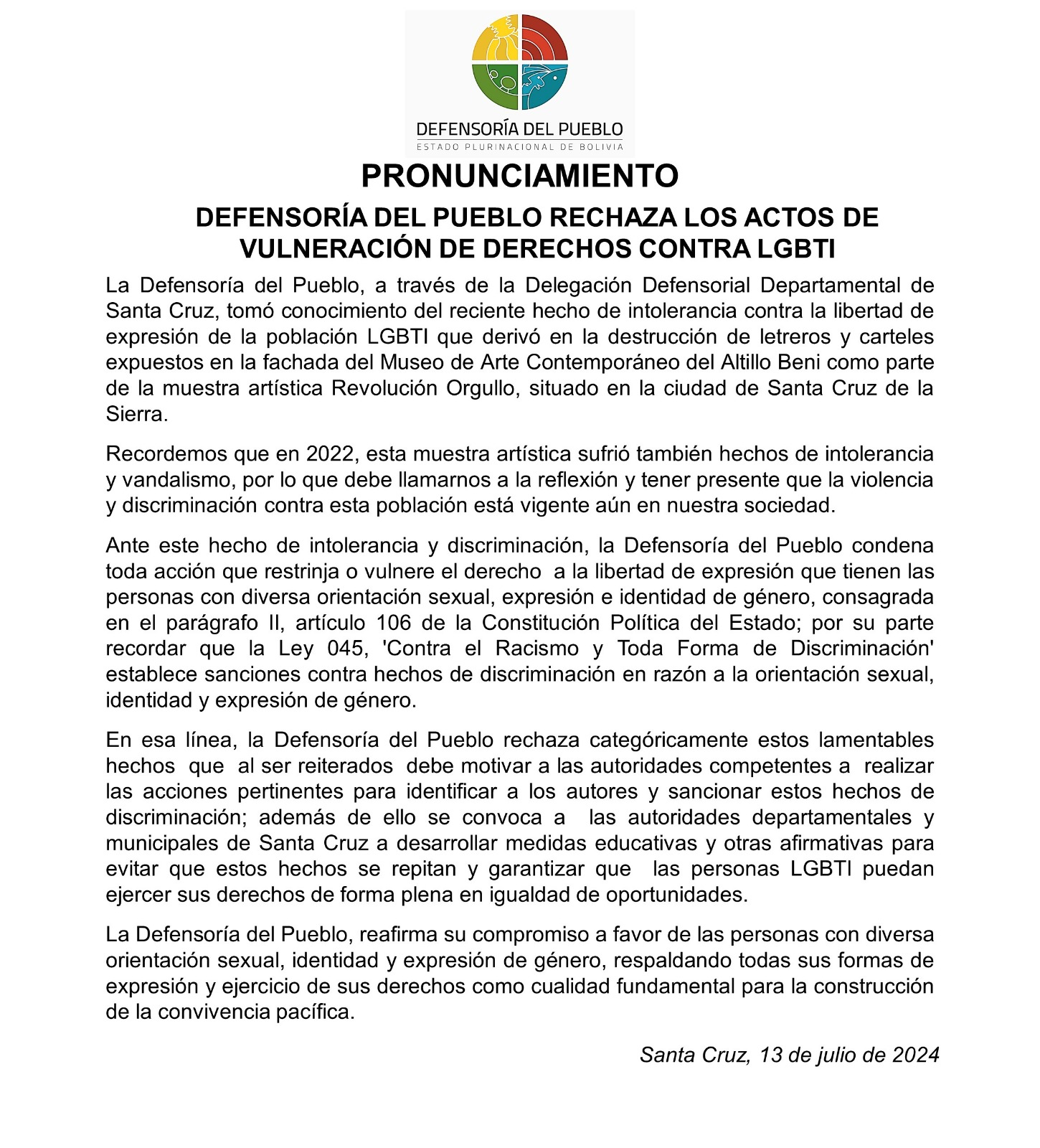 DEFENSORÍA DEL PUEBLO RECHAZA LOS ACTOS DE VULNERACIÓN DE DERECHOS CONTRA LGBTI