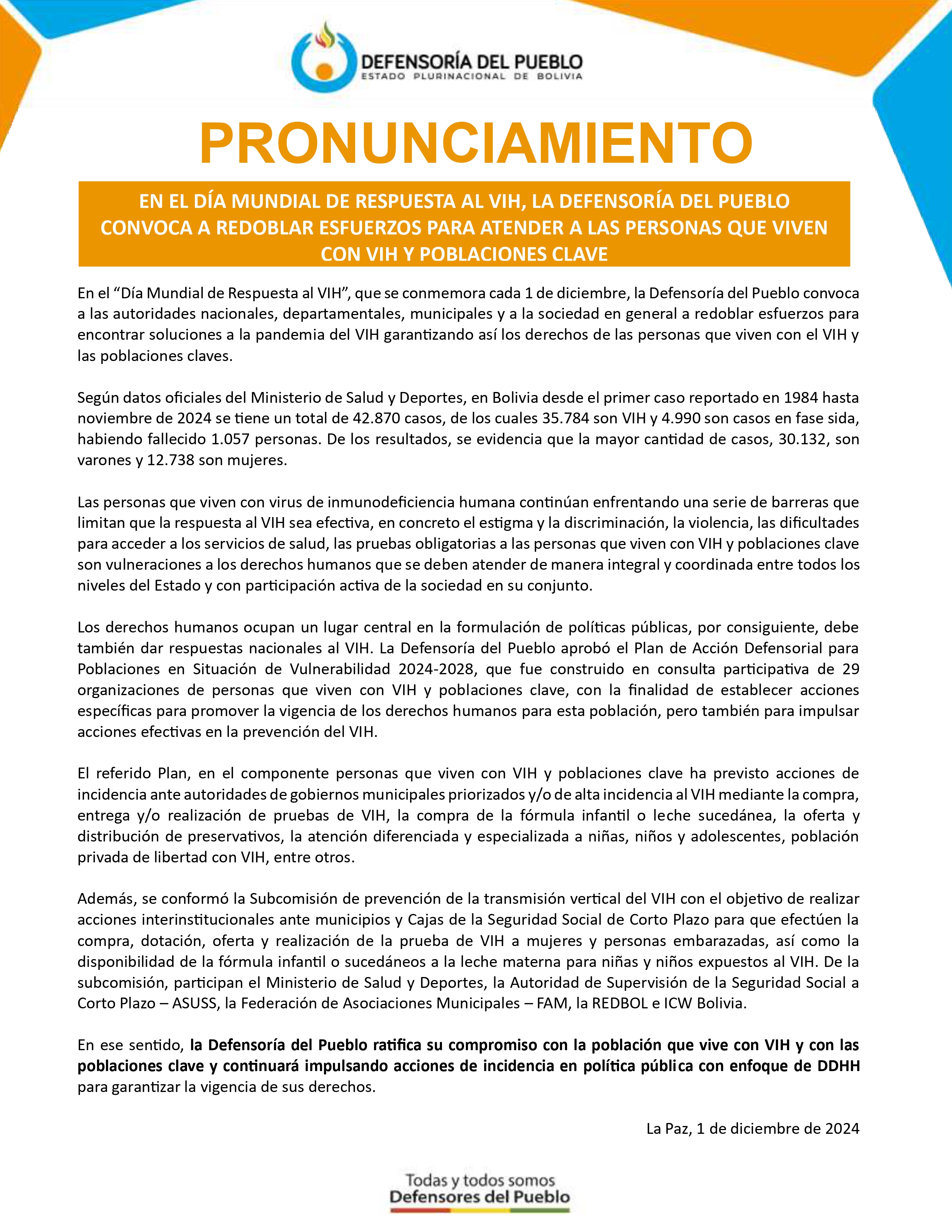 EN EL DÍA MUNDIAL DE RESPUESTA AL VIH, LA DEFENSORÍA DEL PUEBLO CONVOCA A REDOBLAR ESFUERZOS PARA ATENDER A LAS PERSONAS QUE VIVEN CON VIH Y POBLACIONES CLAVE