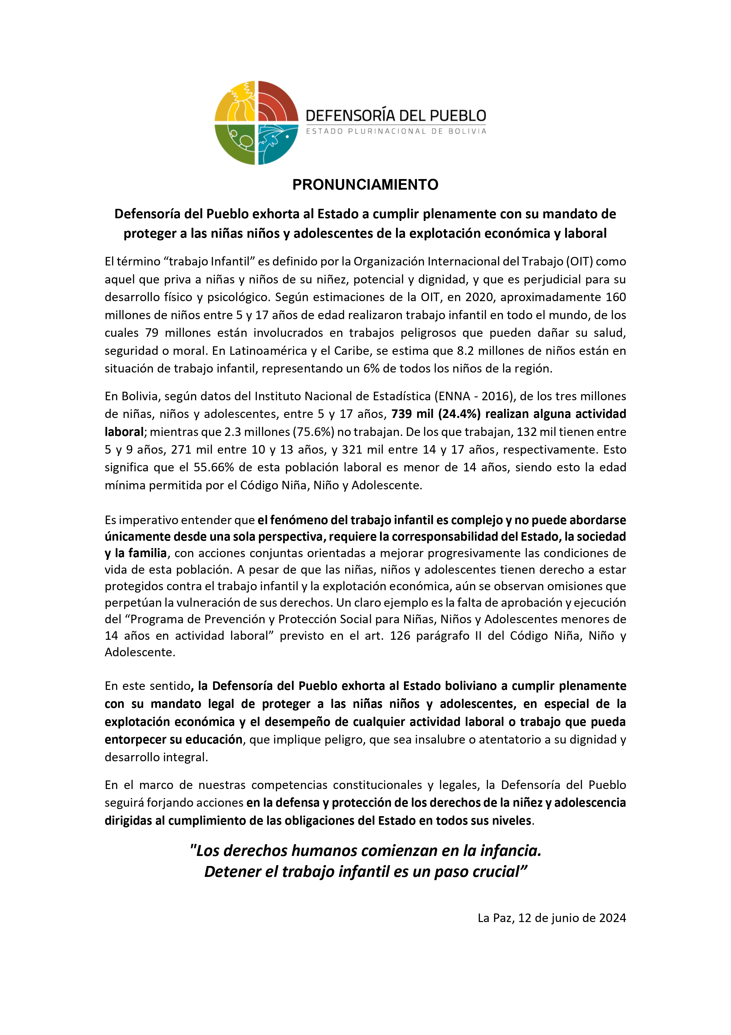 Defensoría del Pueblo exhorta al Estado a cumplir plenamente con su mandato de proteger a las niñas niños y adolescentes de la explotación económica y laboral